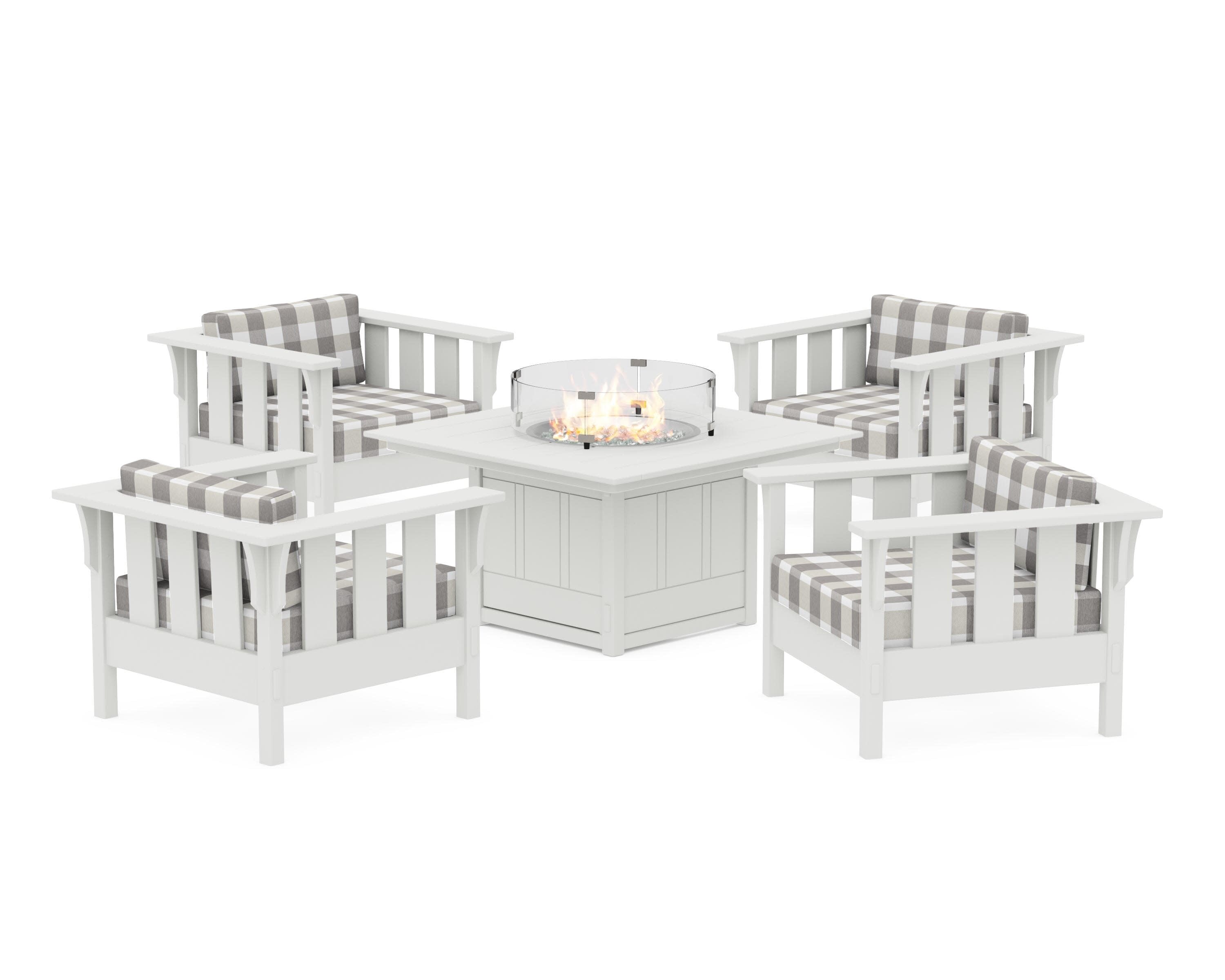 Acadia 5-Piece Deep Seating Set with Fire Pit Table in Vintage White / Buffalo Plaid Grey Mist