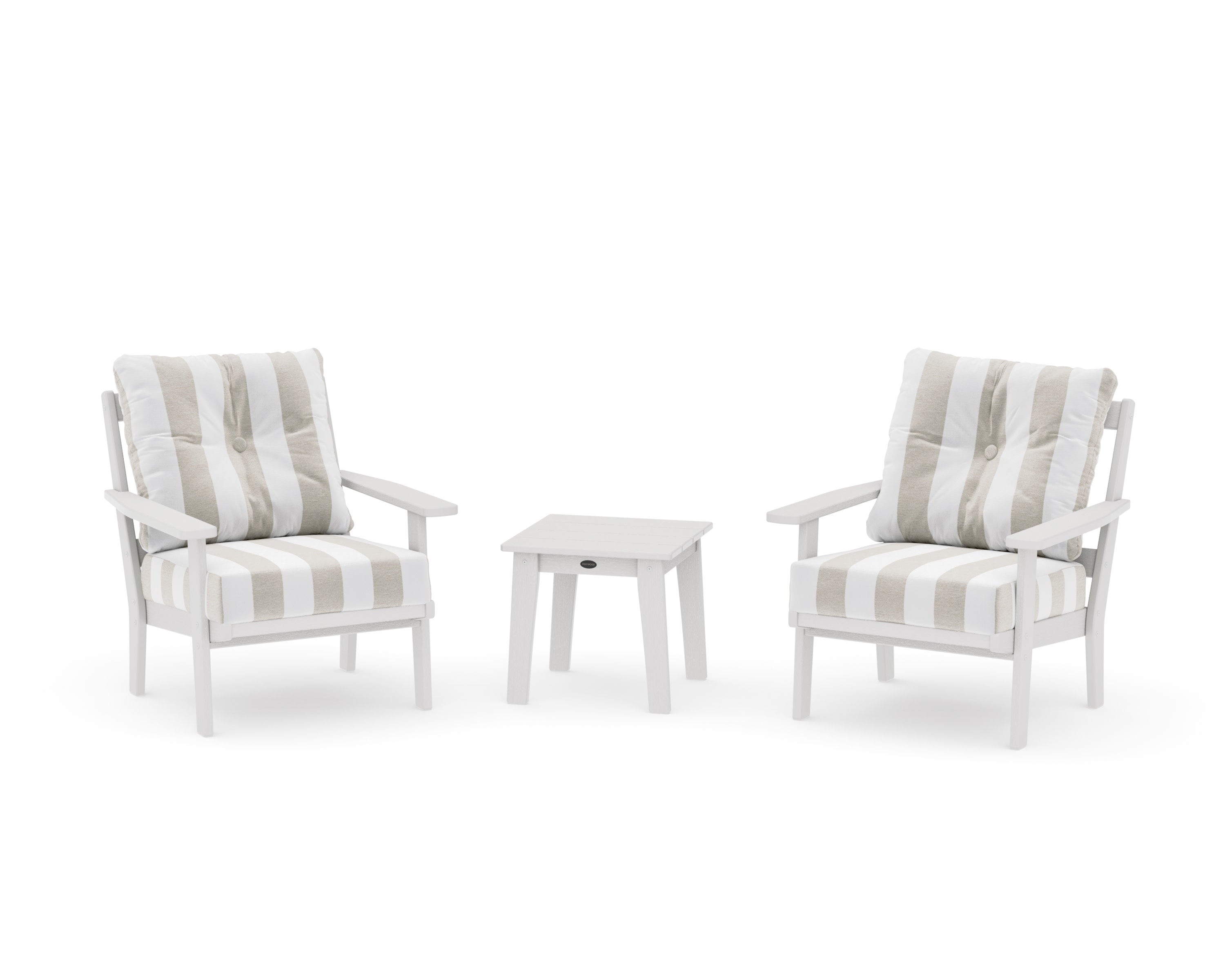 Oxford 3-Piece Deep Seating Set in Vintage White / Cabana Stripe Dune Burlap
