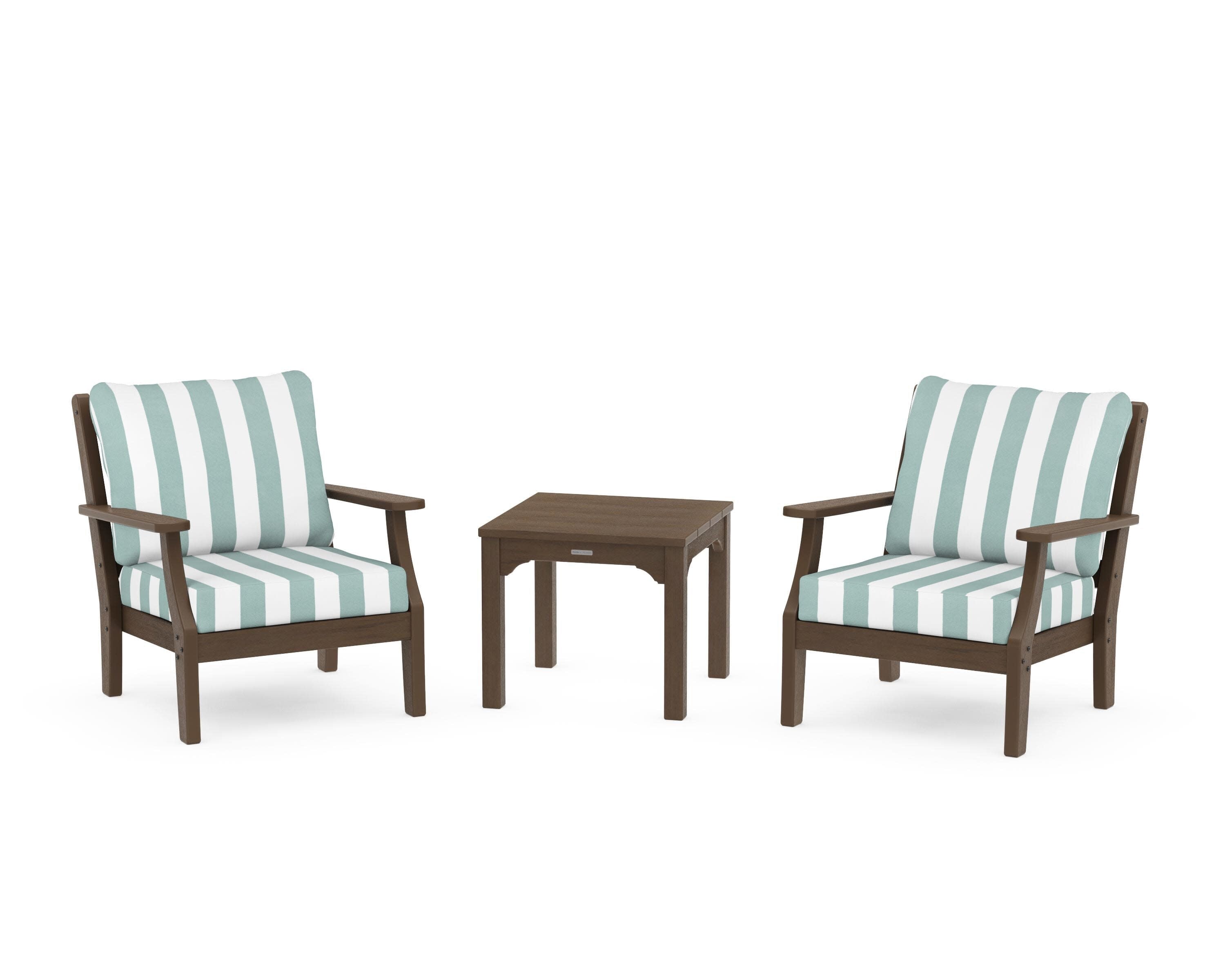 Chinoiserie 3-Piece Deep Seating Set in Kona / Cabana Stripe Glacier Spa