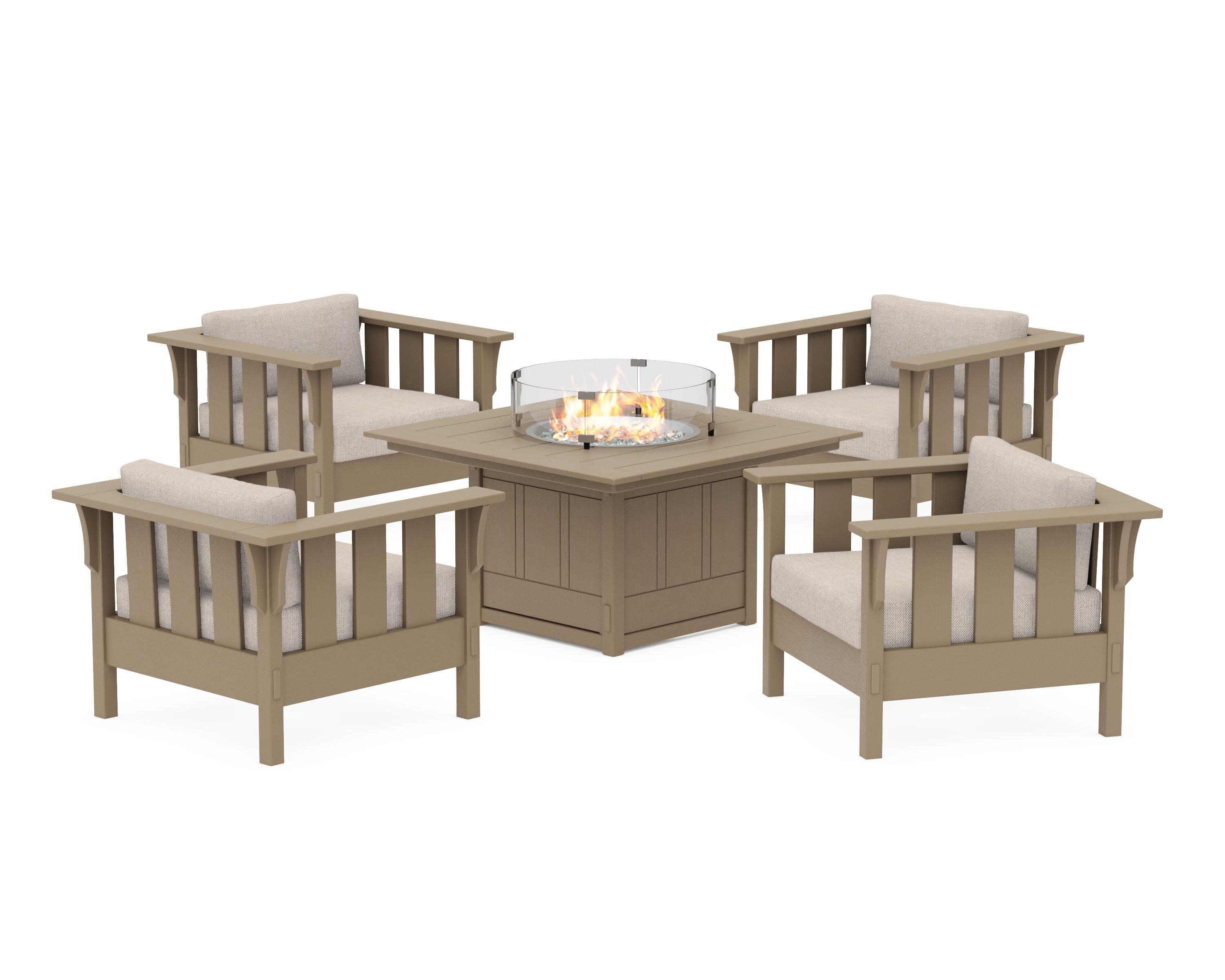 Acadia 5-Piece Deep Seating Set with Fire Pit Table in Vintage Sahara / Blend Linen