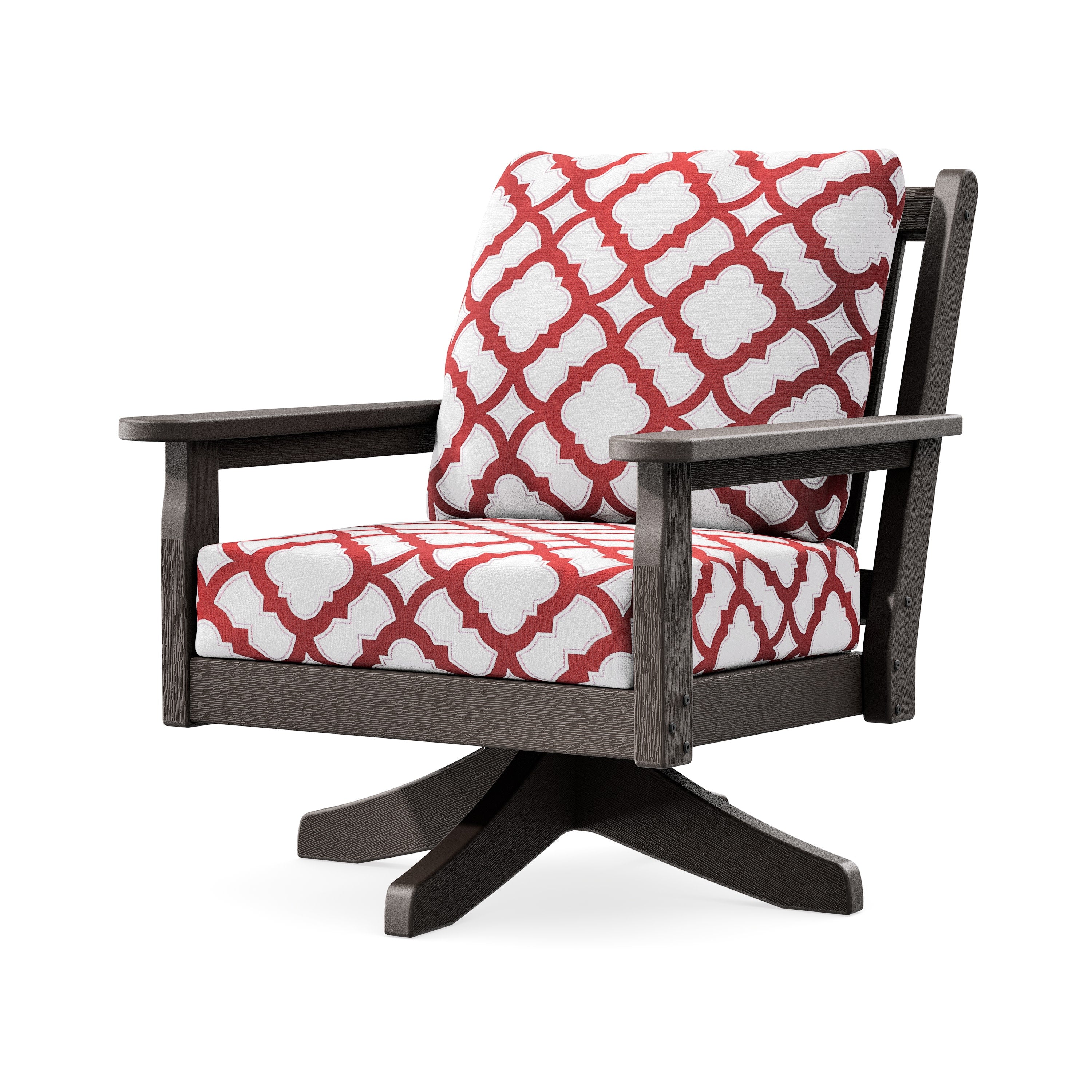 Chippendale Deep Seating Swivel Chair in Vintage Coffee / Trellis Crimson