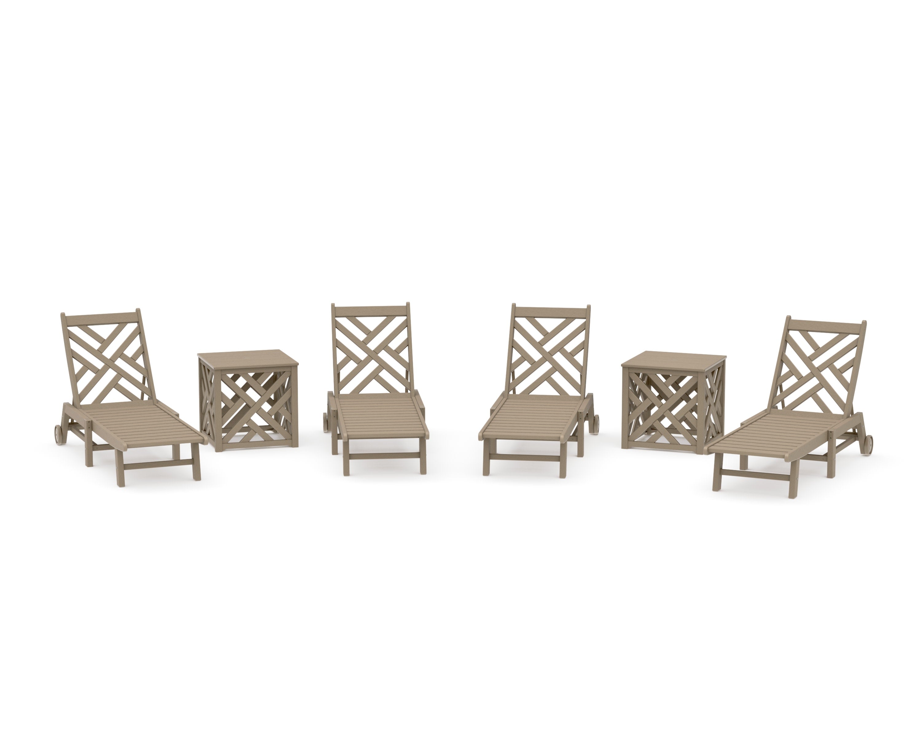 Chippendale 6-Piece Chaise Set with Wheels and Umbrella Stand Accent Table in Vintage Sahara