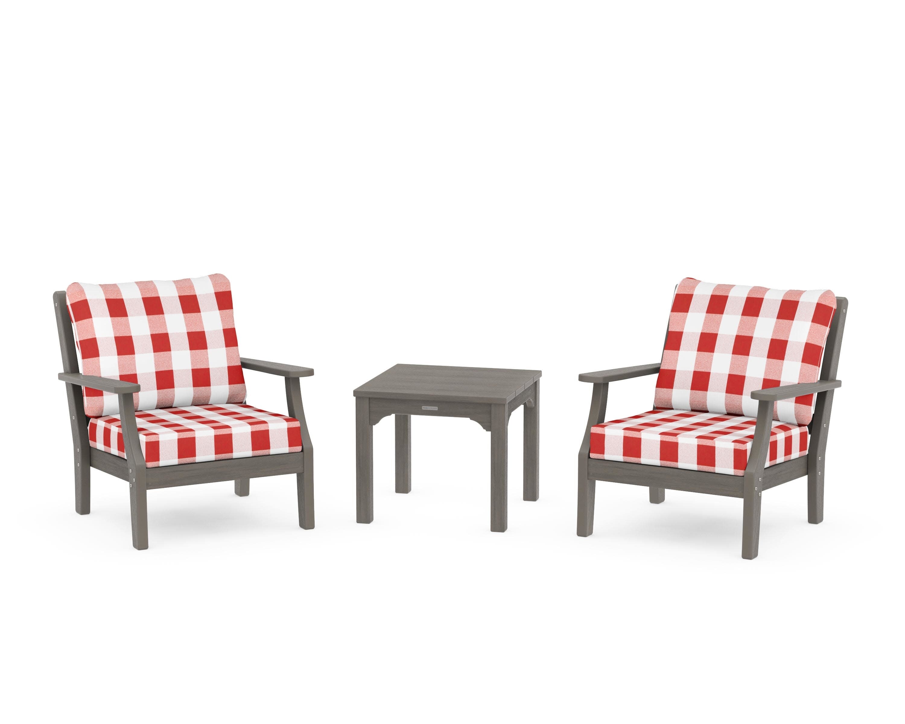 Chinoiserie 3-Piece Deep Seating Set in Driftwood / Buffalo Plaid Crimson