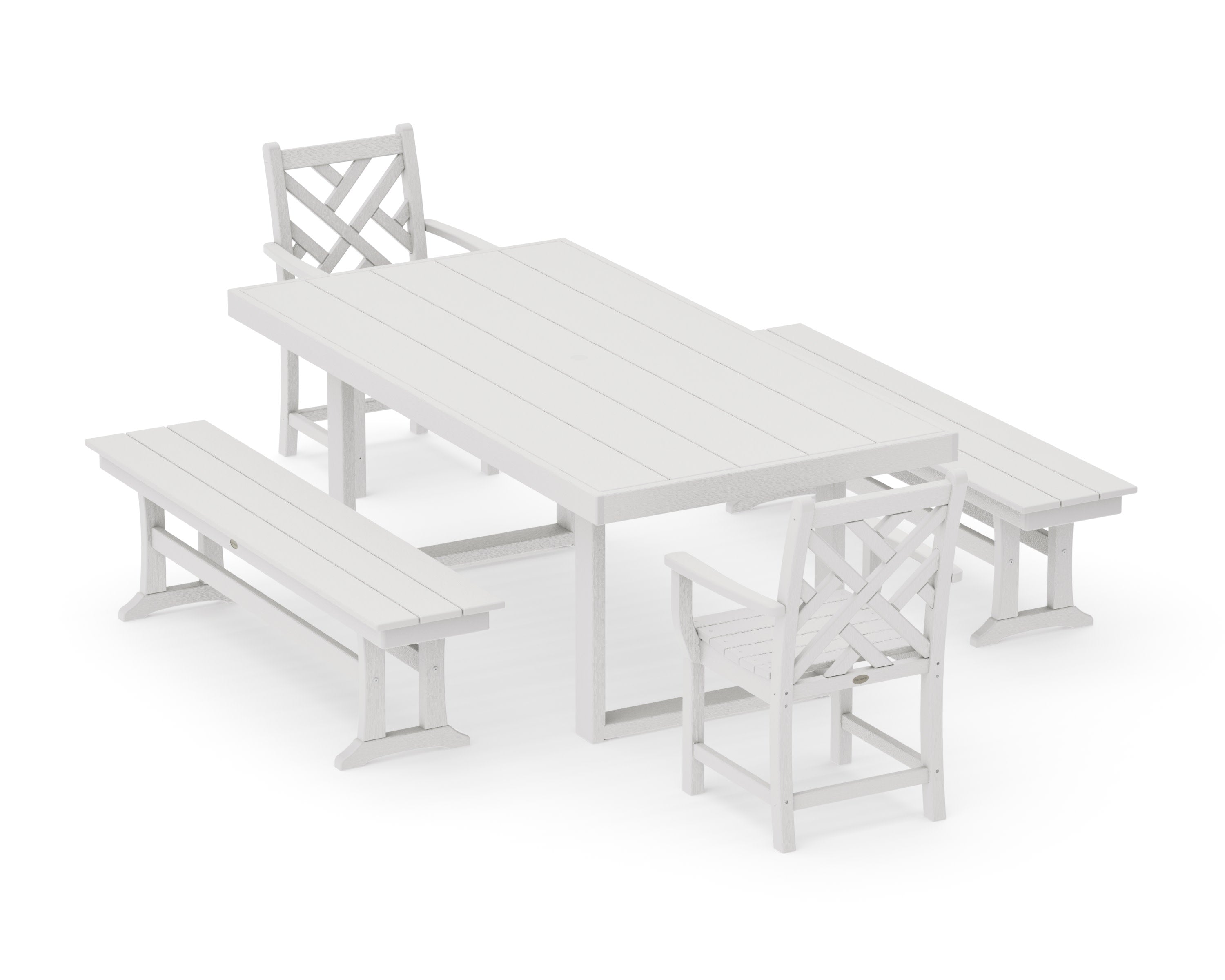 Chippendale 5-Piece Dining Set with Benches in Vintage White
