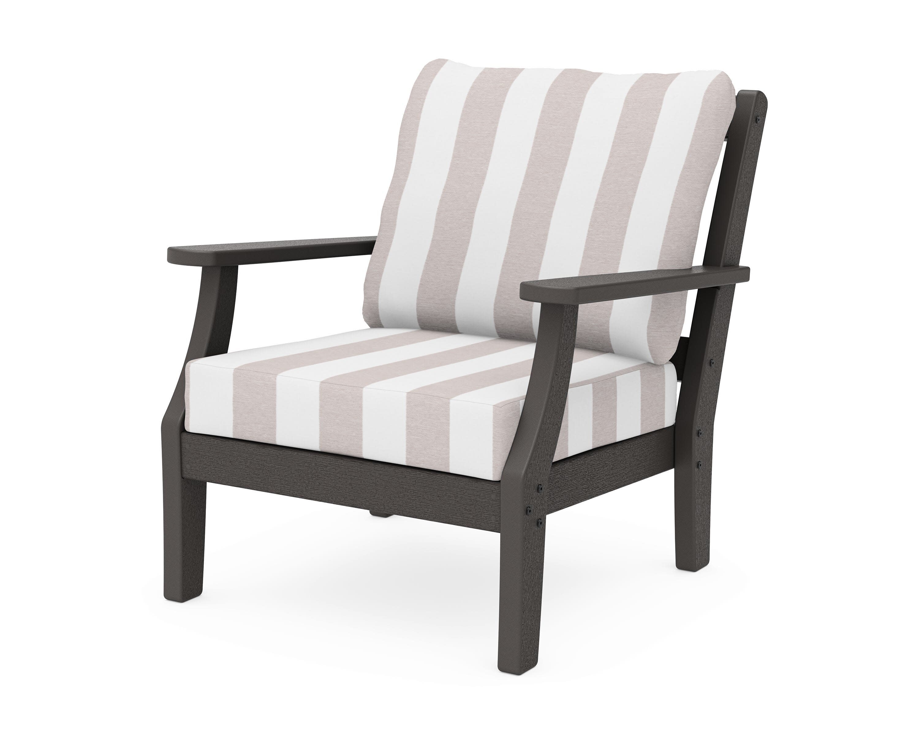 Chinoiserie Deep Seating Chair in Vintage Coffee / Cabana Stripe Dune Burlap