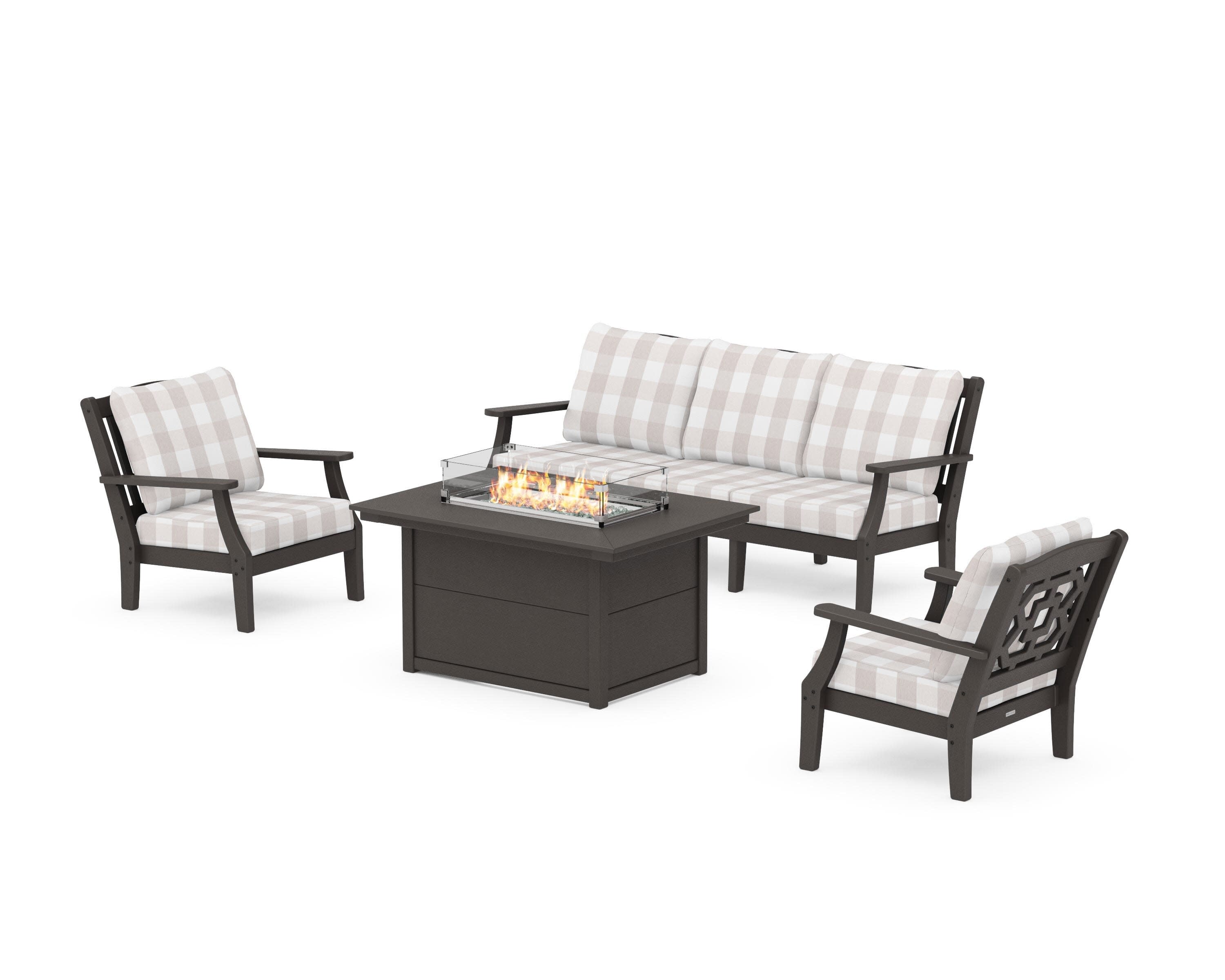 Chinoiserie Deep Seating Fire Pit Table Set in Vintage Coffee / Buffalo Plaid Dune Burlap