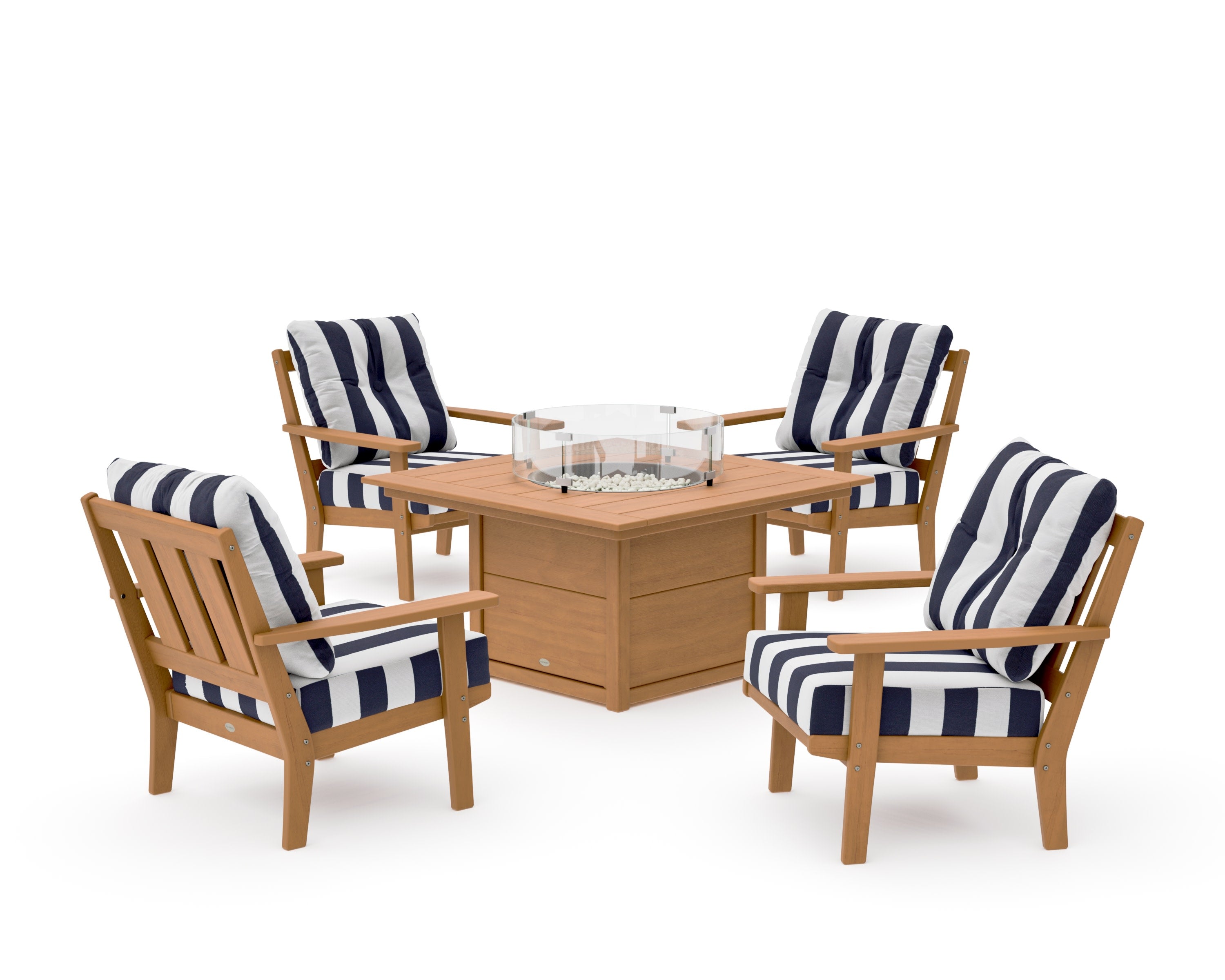 Oxford 5-Piece Deep Seating Set with Fire Pit Table in Natural / Cabana Stripe Navy