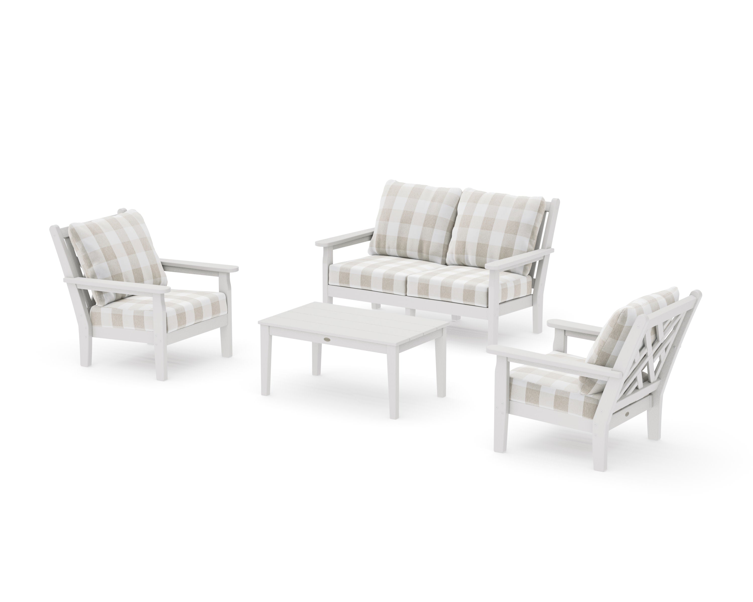 Chippendale 4-Piece Deep Seating Set with Loveseat in Vintage White / Buffalo Plaid Dune Burlap
