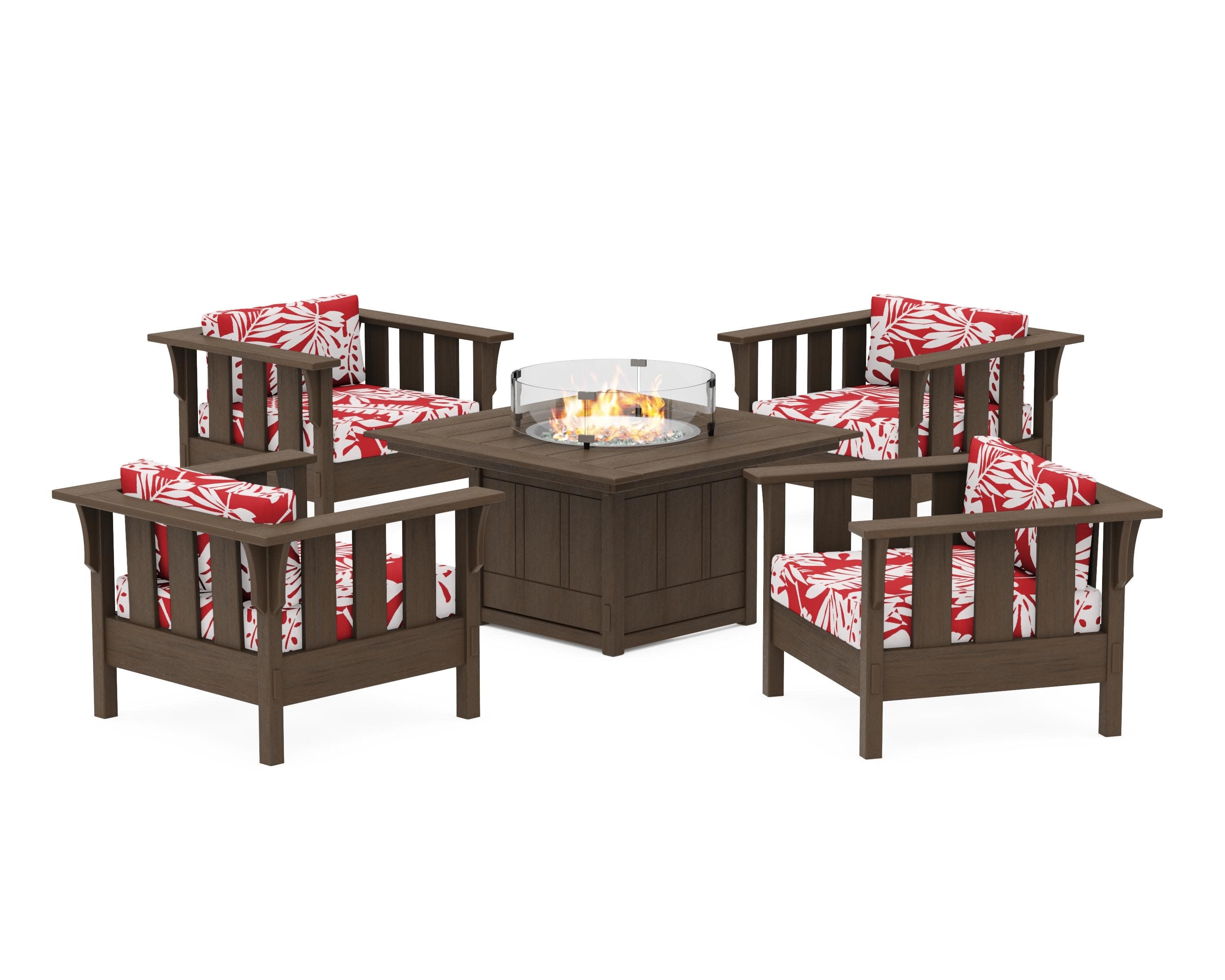 Acadia 5-Piece Deep Seating Set with Fire Pit Table in Kona / Leaf Crimson