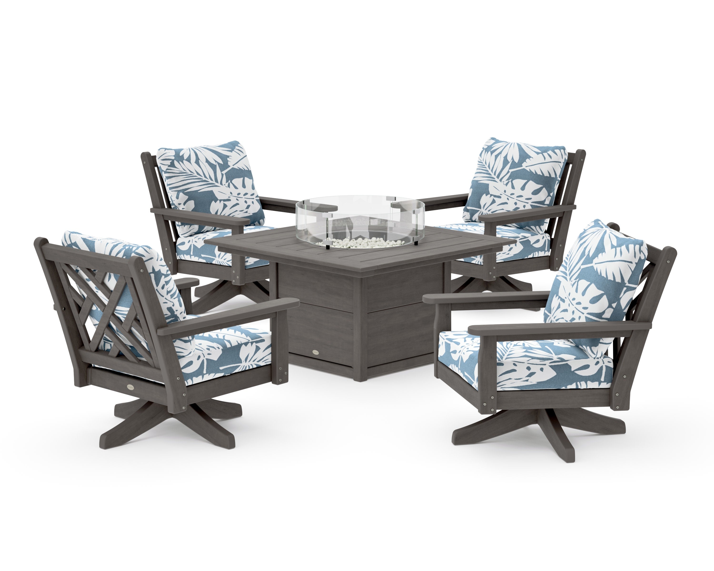 Chippendale 5-Piece Deep Seating Swivel Conversation Set with Fire Pit Table in Driftwood / Leaf Sky Blue