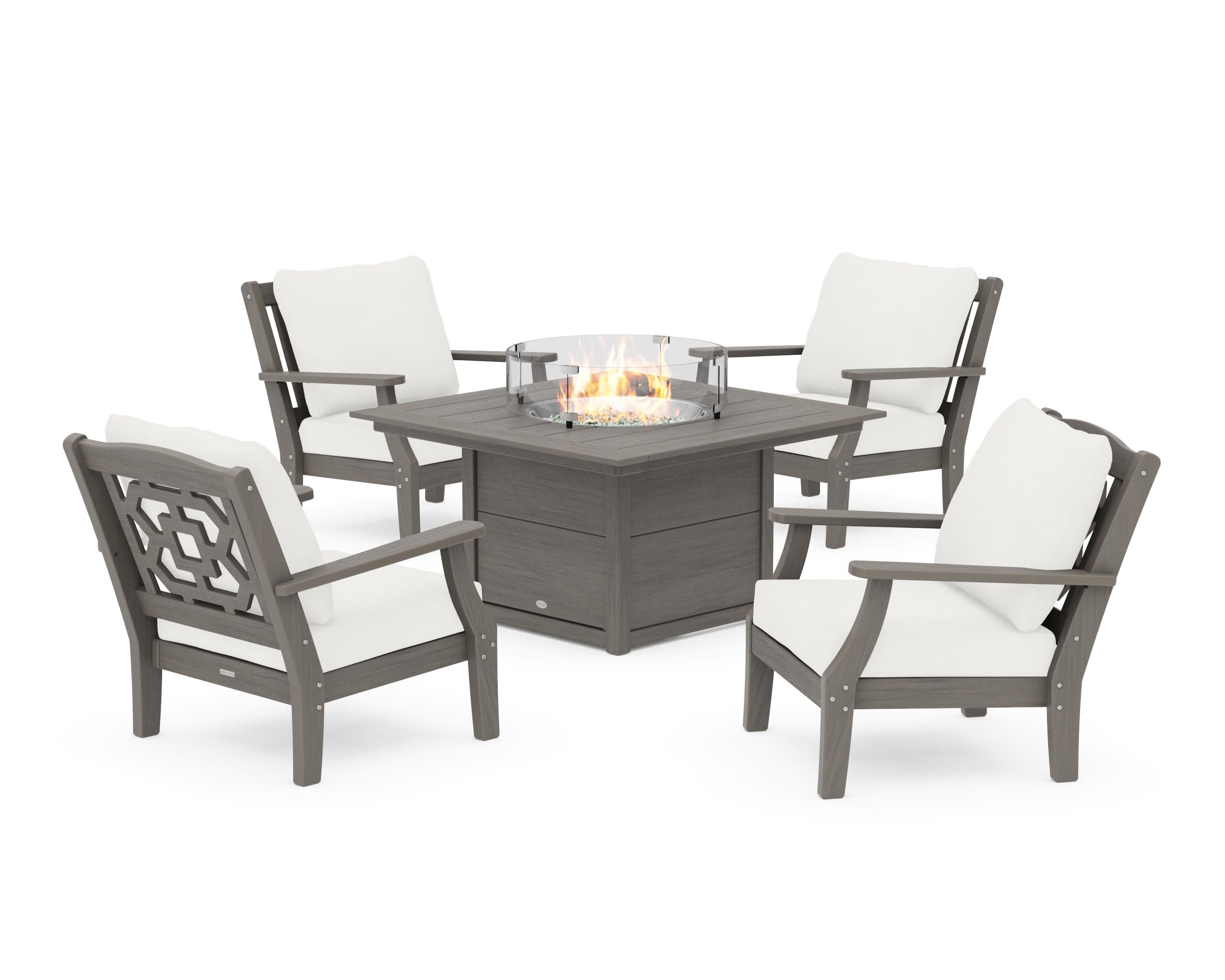 Chinoiserie 5-Piece Deep Seating Set with Fire Pit Table in Driftwood / Natural Linen
