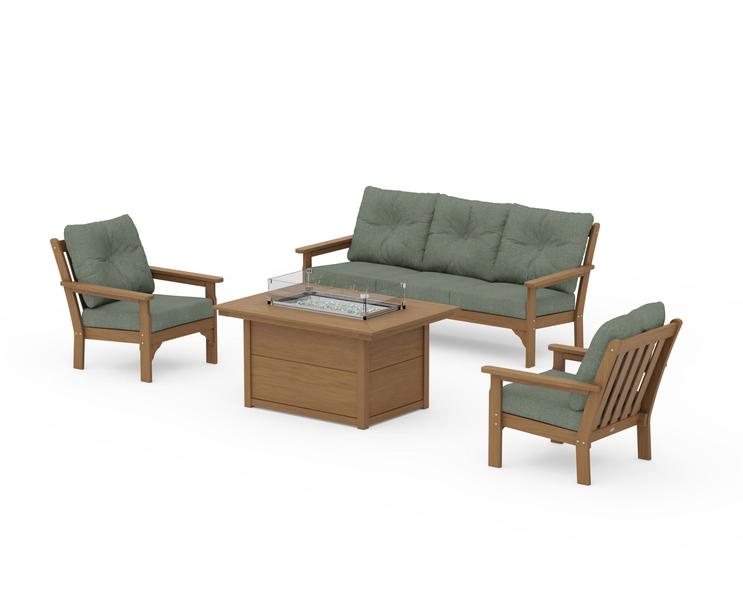 Vineyard Deep Seating Fire Pit Table Set in Natural / Cast Sage