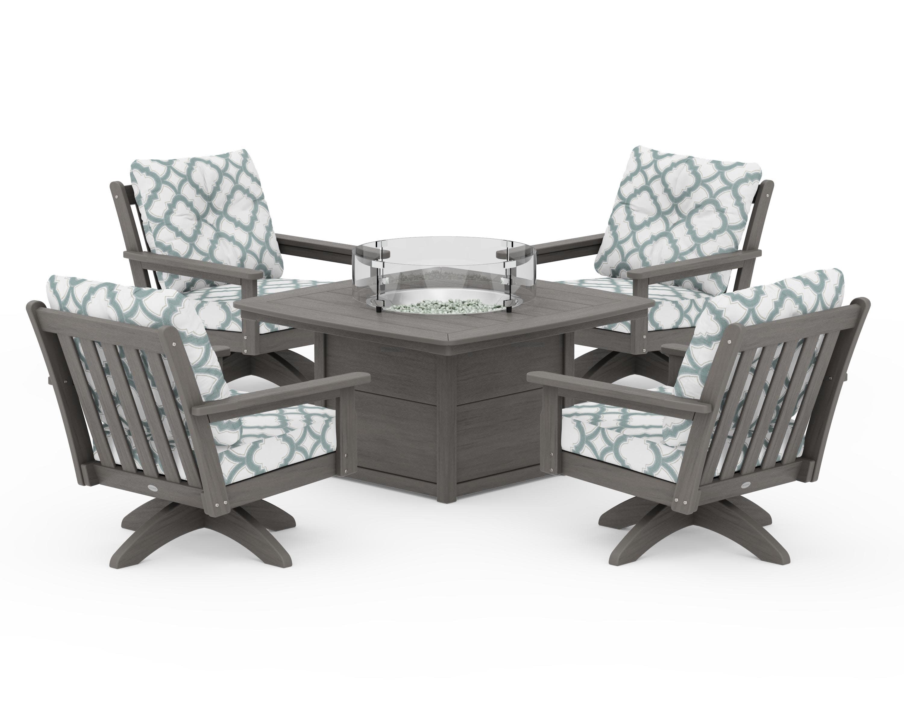 Vineyard 5-Piece Deep Seating Swivel Conversation Set with Fire Pit Table in Driftwood / Trellis Glacier Spa