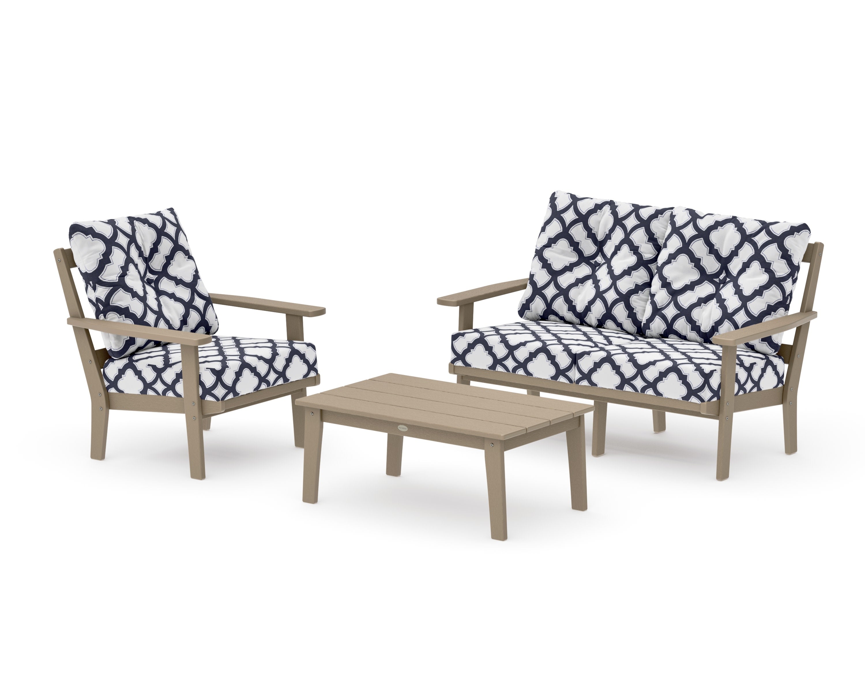 Oxford 3-Piece Deep Seating Set with Loveseat in Vintage Sahara / Trellis Navy