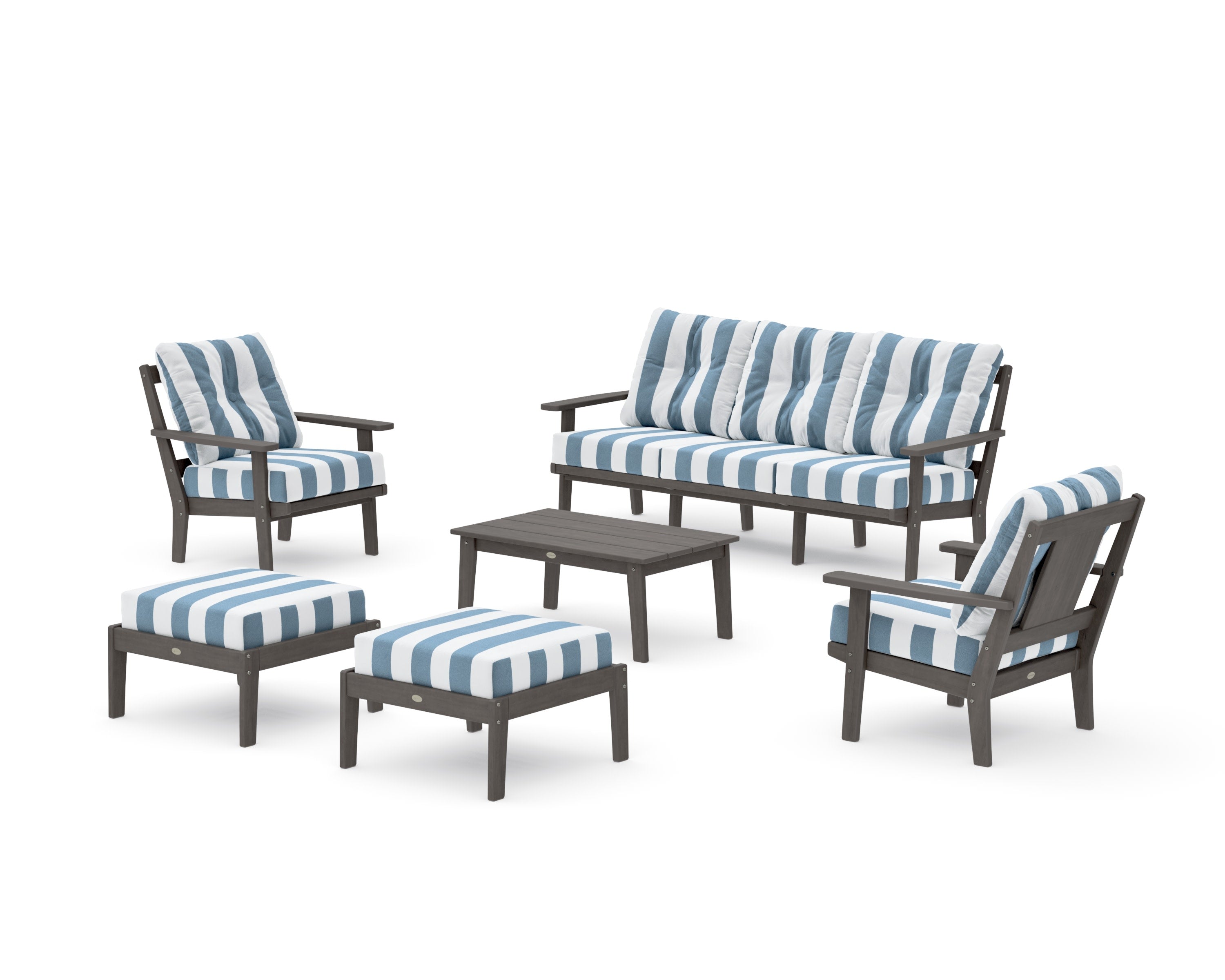 Prairie 6-Piece Lounge Sofa Set in Driftwood / Cabana Stripe Sky Blue
