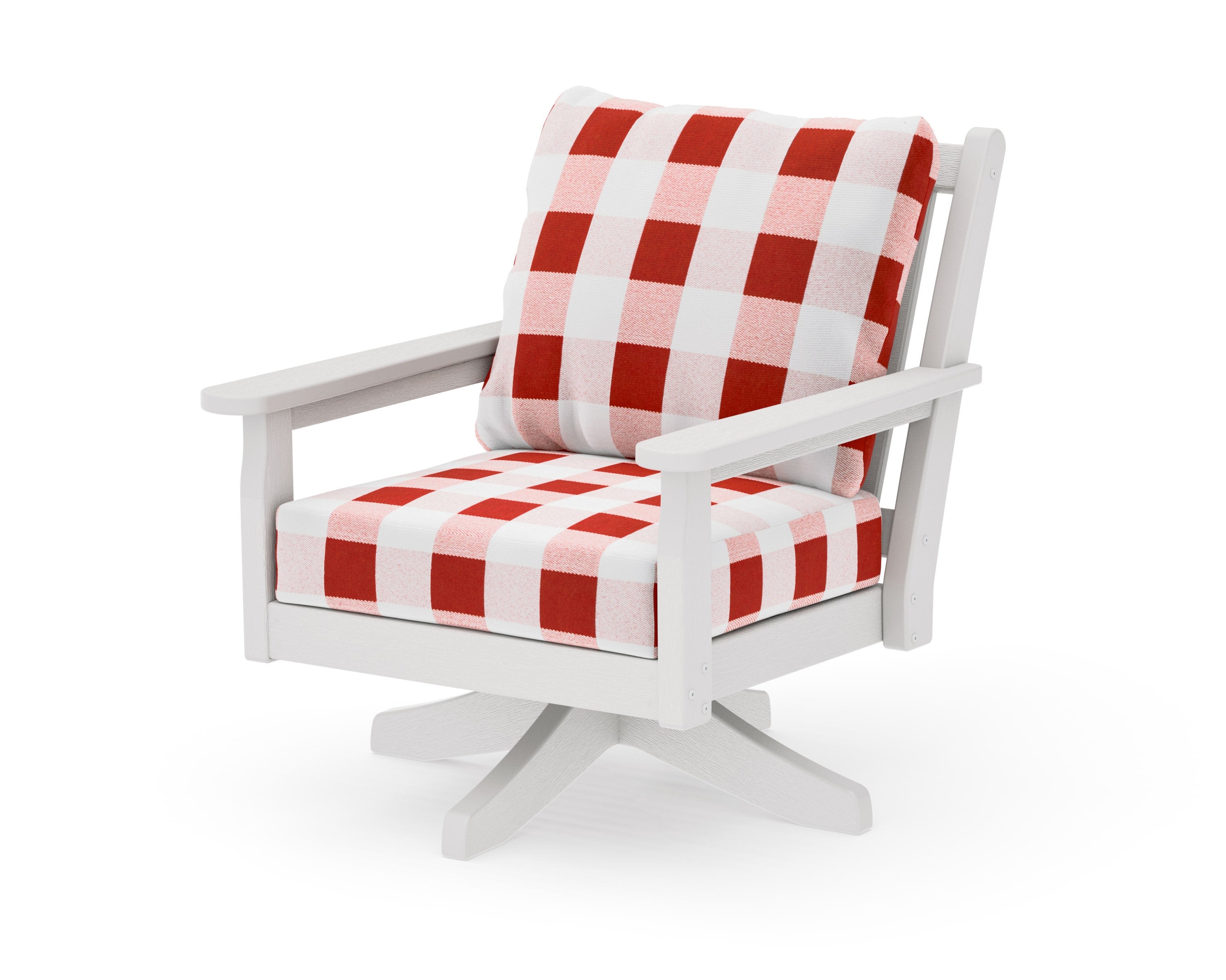 Chippendale Deep Seating Swivel Chair in Vintage White / Buffalo Plaid Crimson