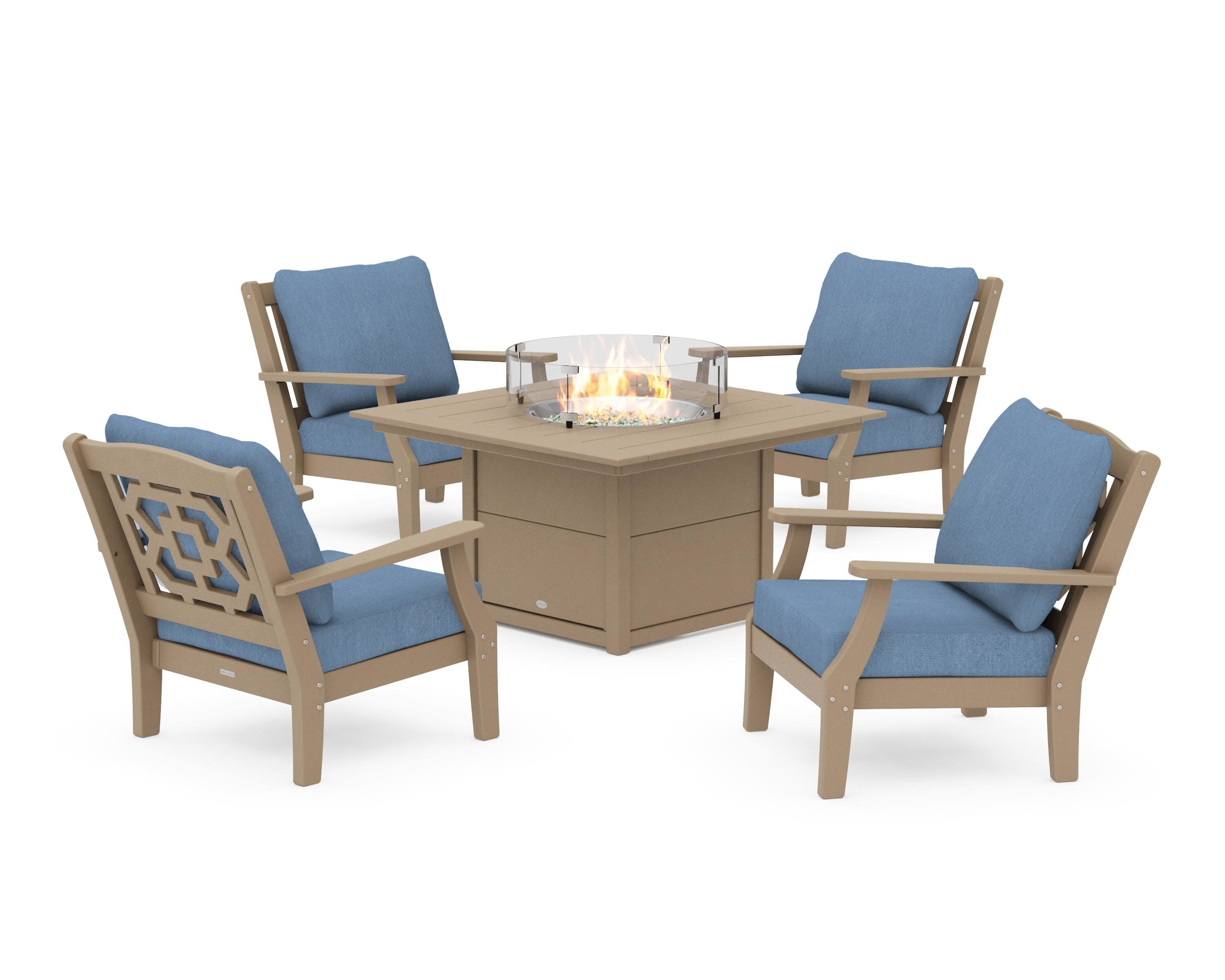 Chinoiserie 5-Piece Deep Seating Set with Fire Pit Table in Vintage Sahara / Sky Blue