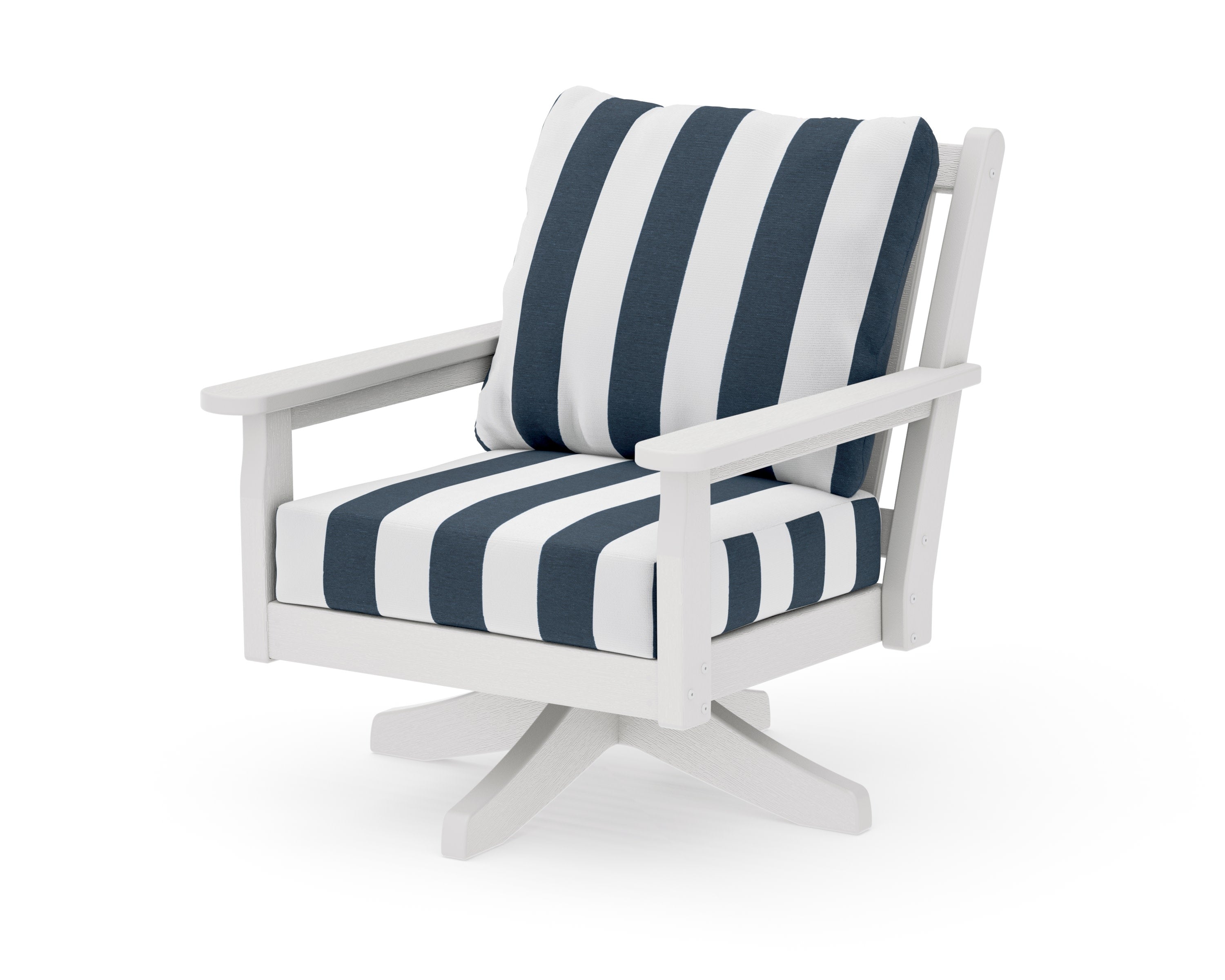 Chippendale Deep Seating Swivel Chair in Vintage White / Cabana Stripe Marine Indigo