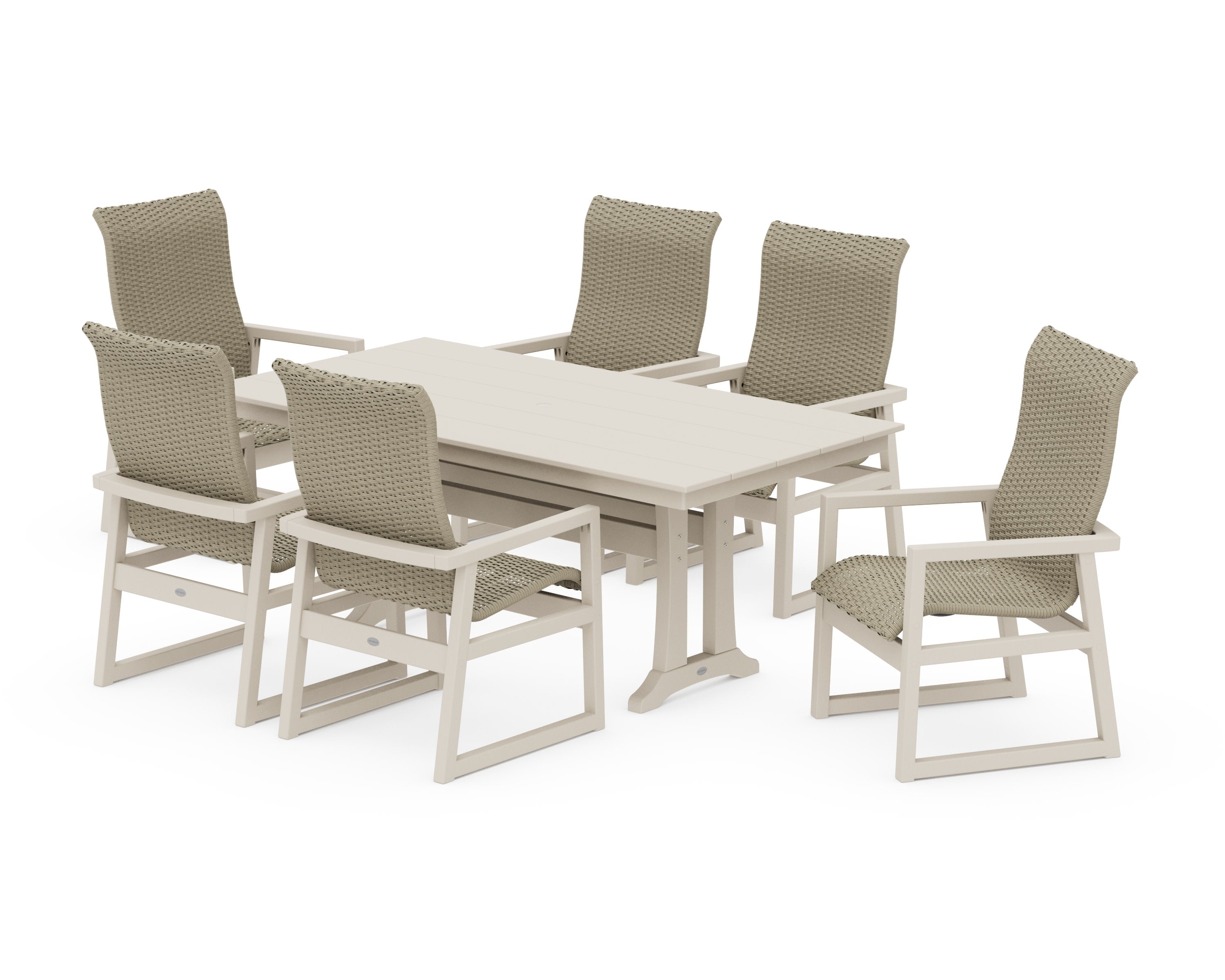 EDGE Woven Highback Arm Chair 7-Piece Farmhouse Dining Set with Trestle Legs in Sand / Dune Grass