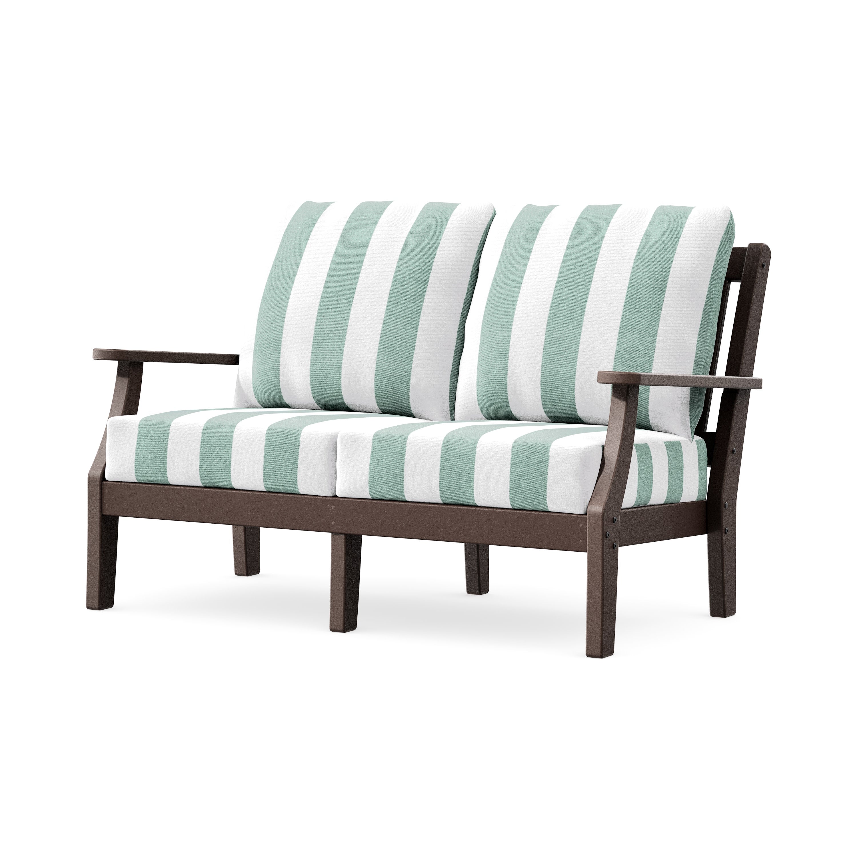 Chinoiserie Deep Seating Loveseat in Mahogany / Cabana Stripe Glacier Spa