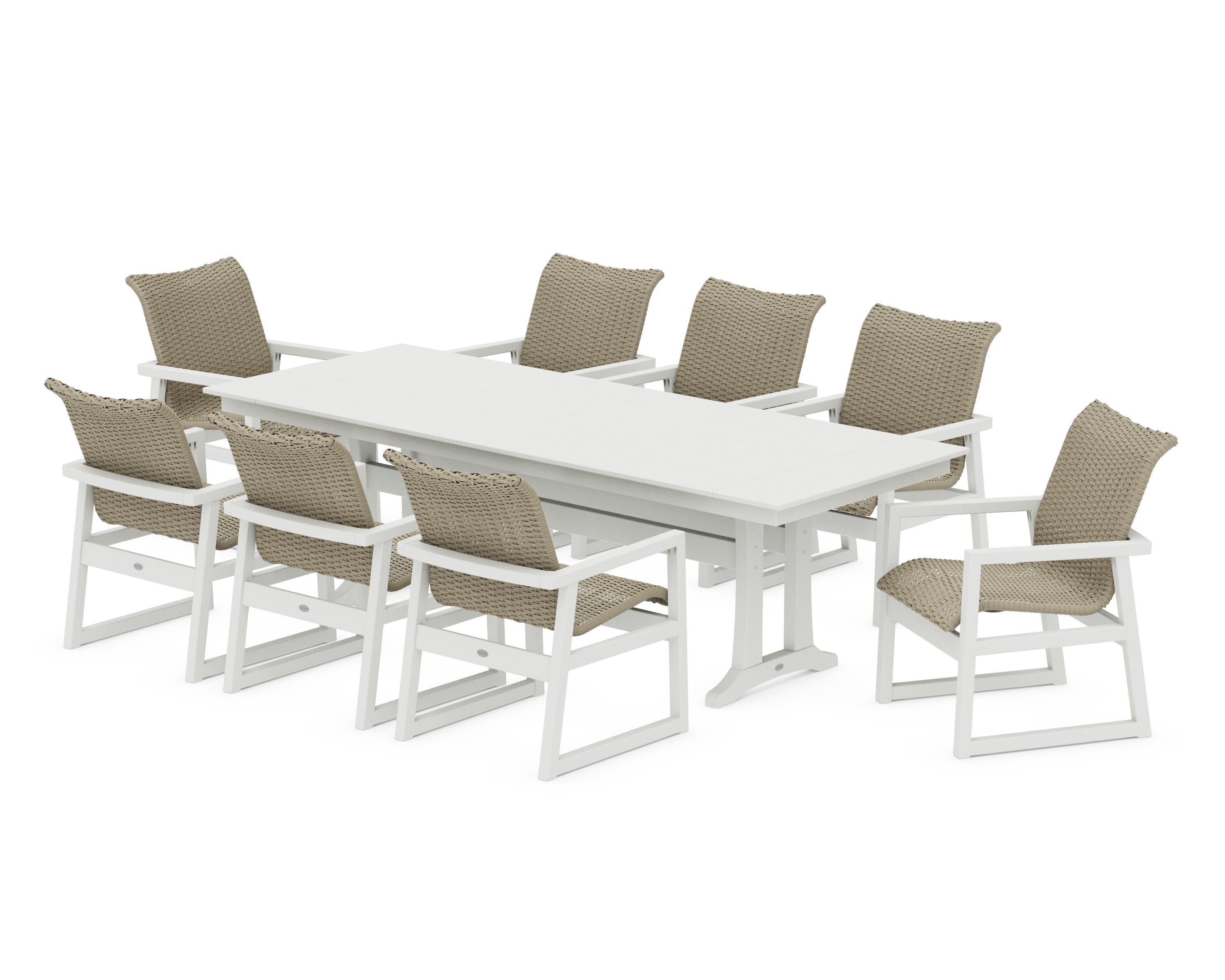 EDGE Woven 9-Piece Farmhouse Dining Set with Trestle Legs in White / Dune Grass
