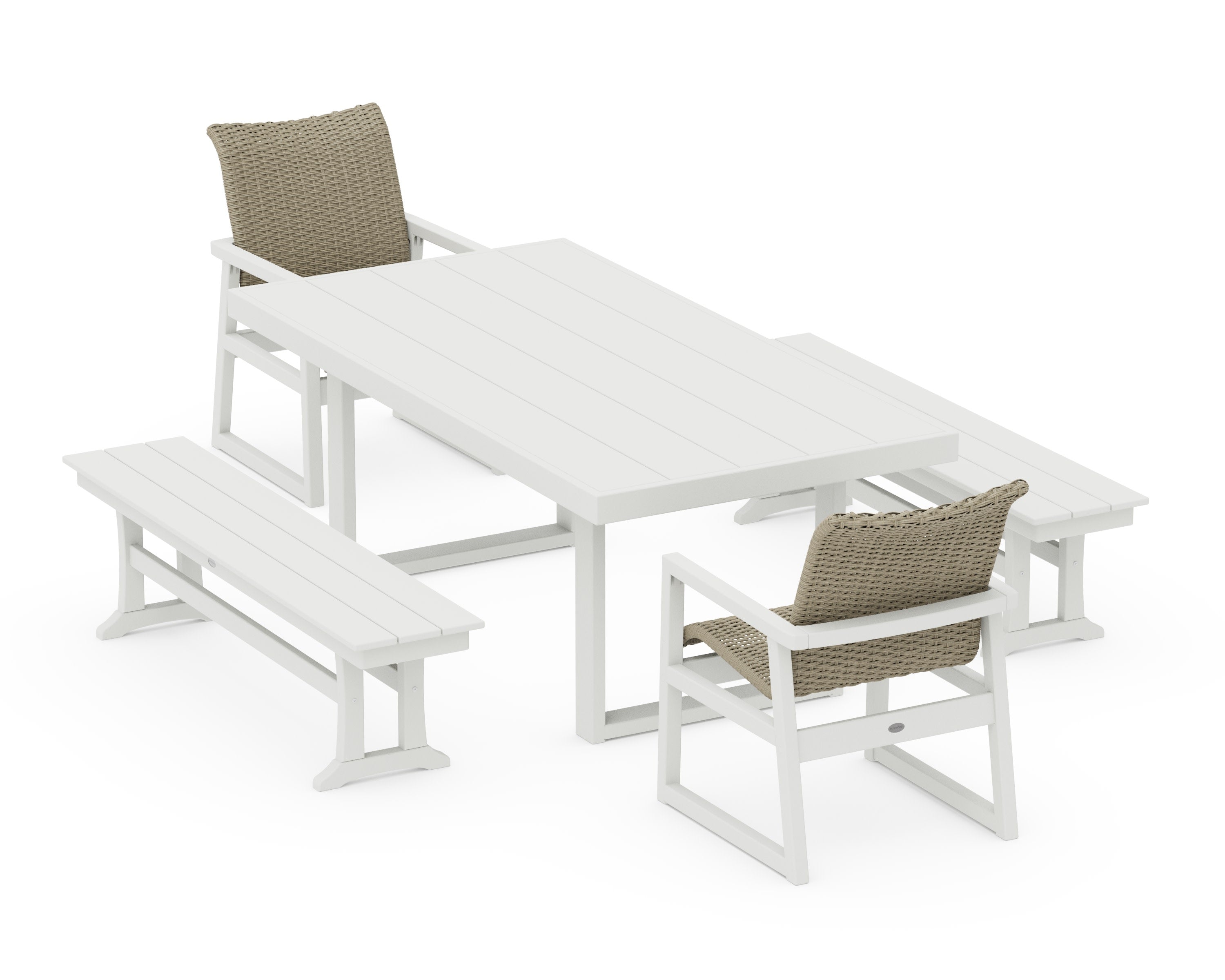 EDGE Woven 5-Piece Dining Set with Benches in Vintage White / Dune Grass