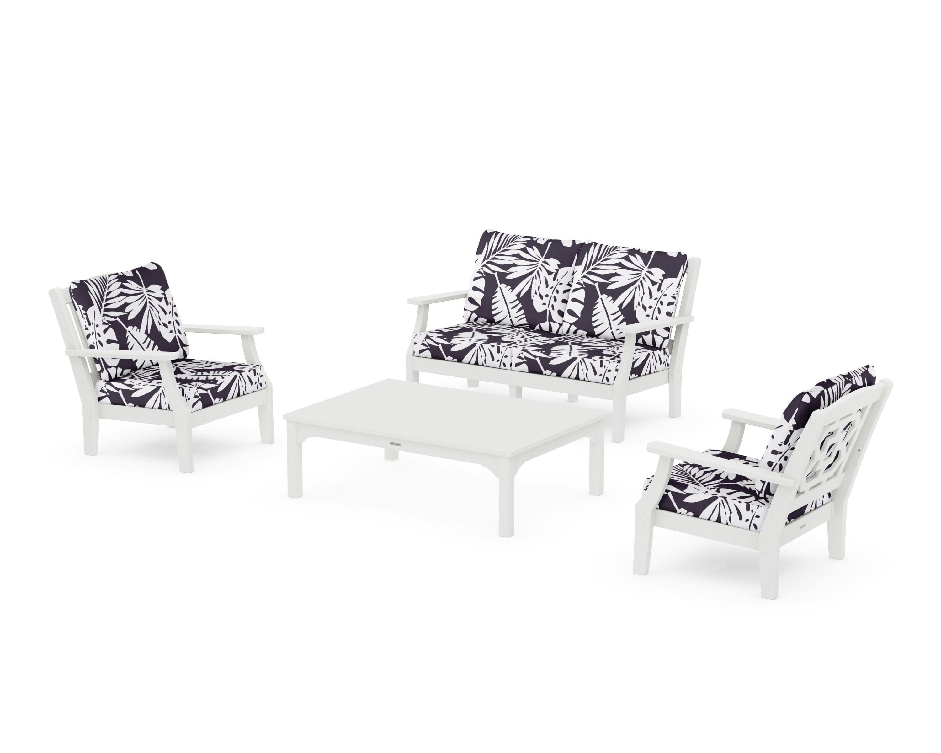 Chinoiserie 4-Piece Deep Seating Set with Loveseat in Vintage White / Leaf Navy