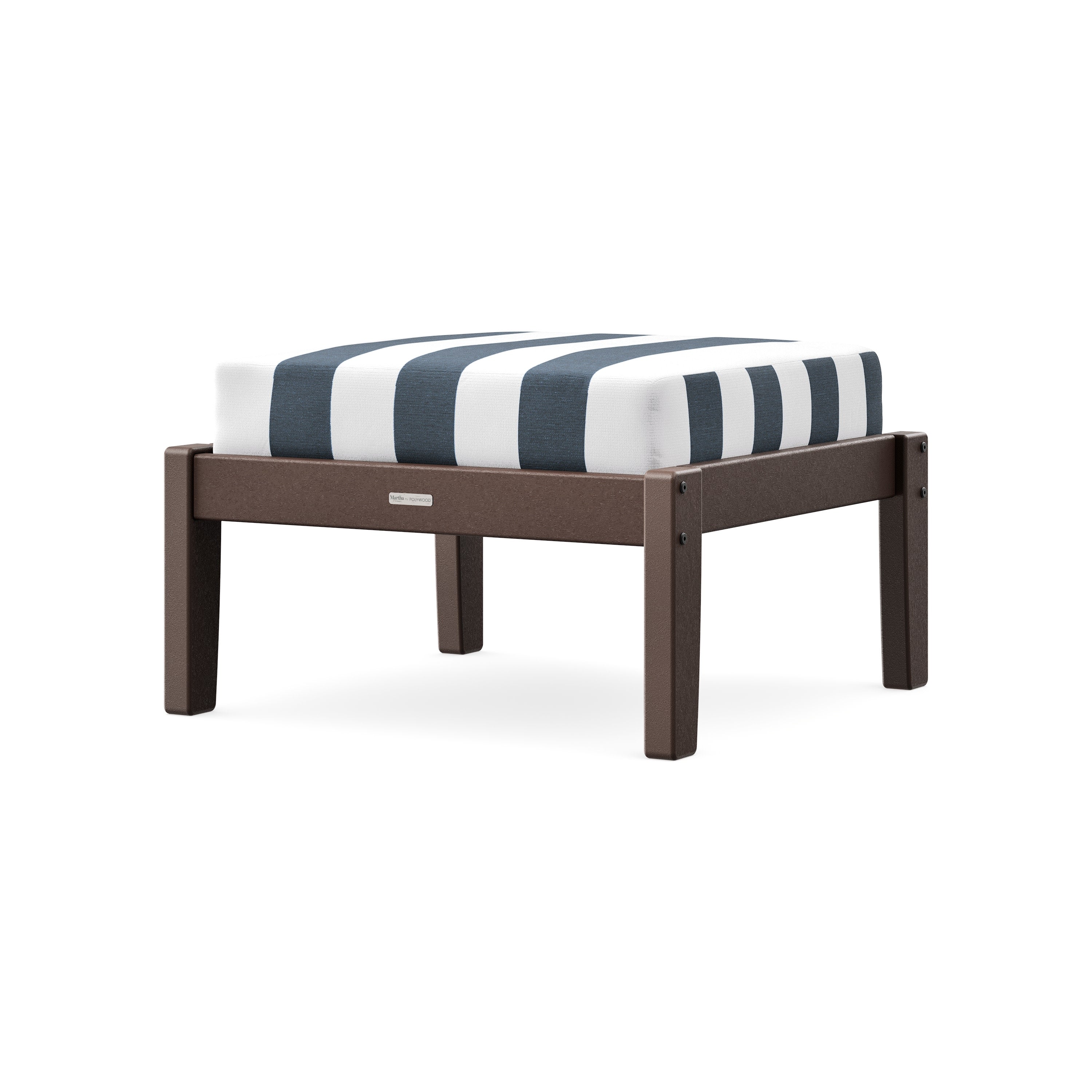 Chinoiserie Deep Seating Ottoman in Mahogany / Cabana Stripe Marine Indigo
