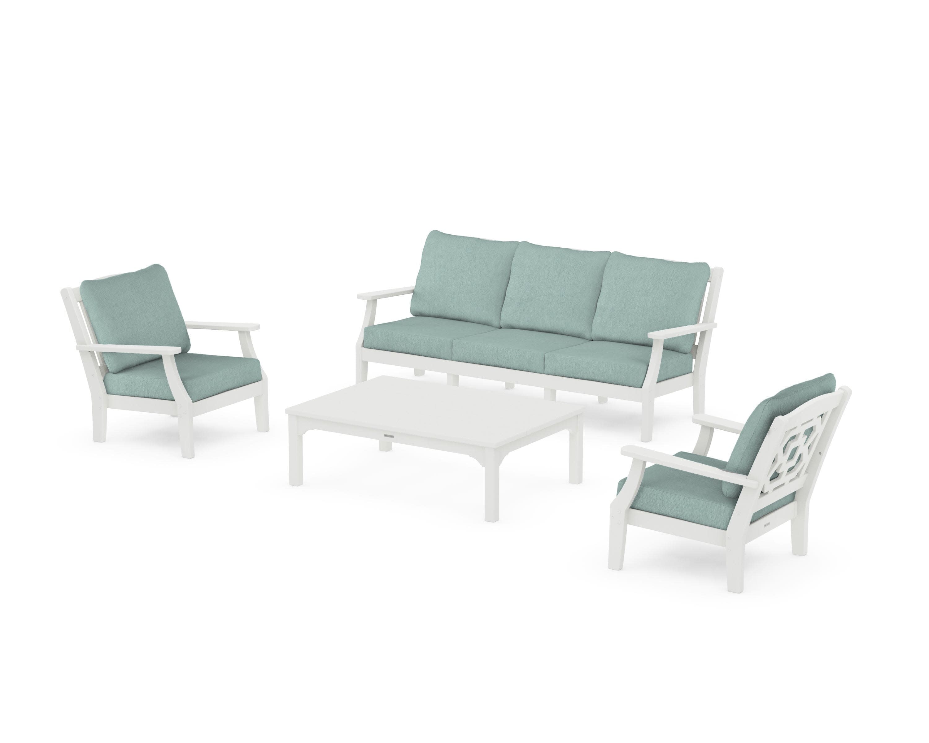 Chinoiserie 4-Piece Deep Seating Set with Sofa in Vintage White / Glacier Spa