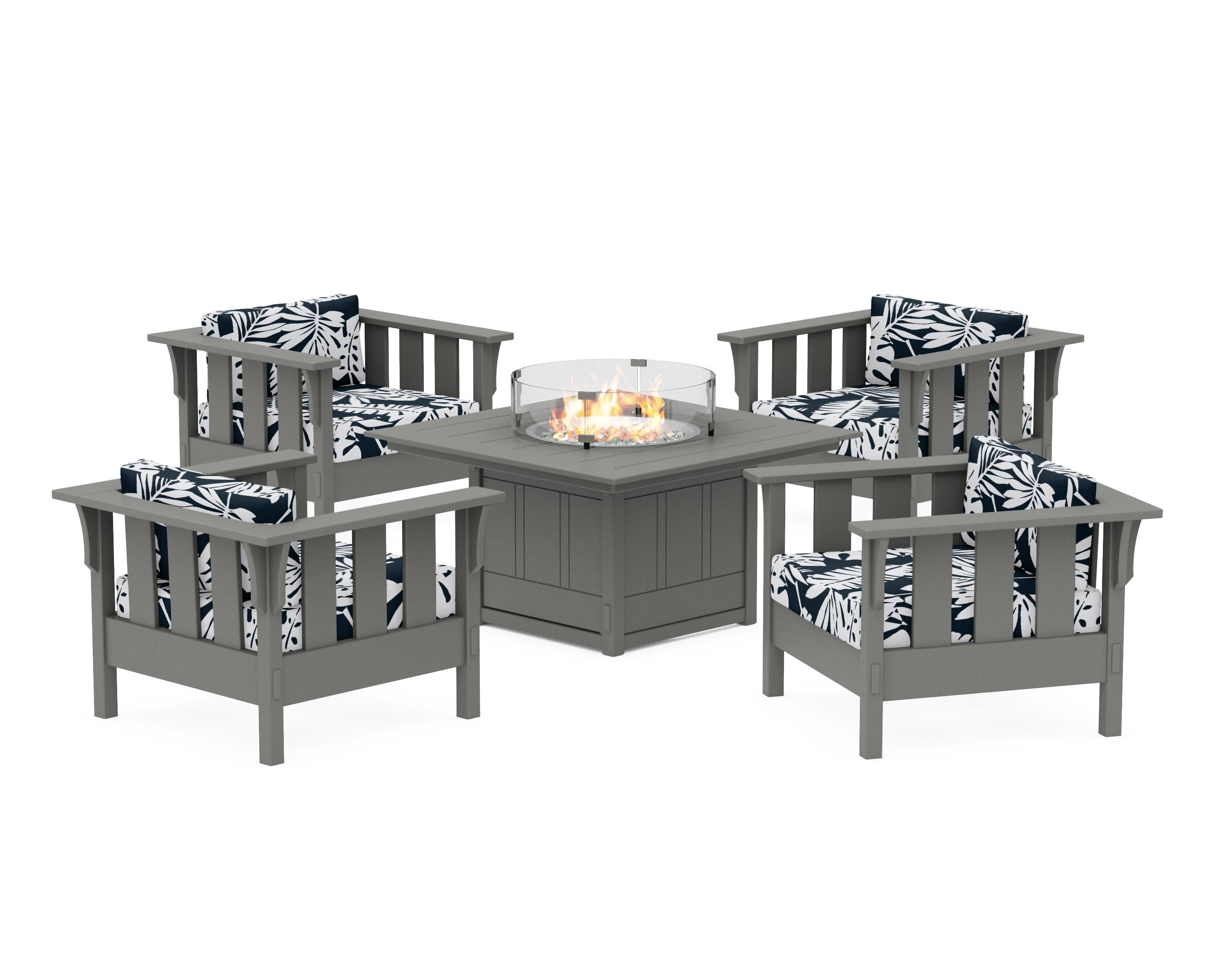 Acadia 5-Piece Deep Seating Set with Fire Pit Table in Slate Grey / Leaf Marine Indigo