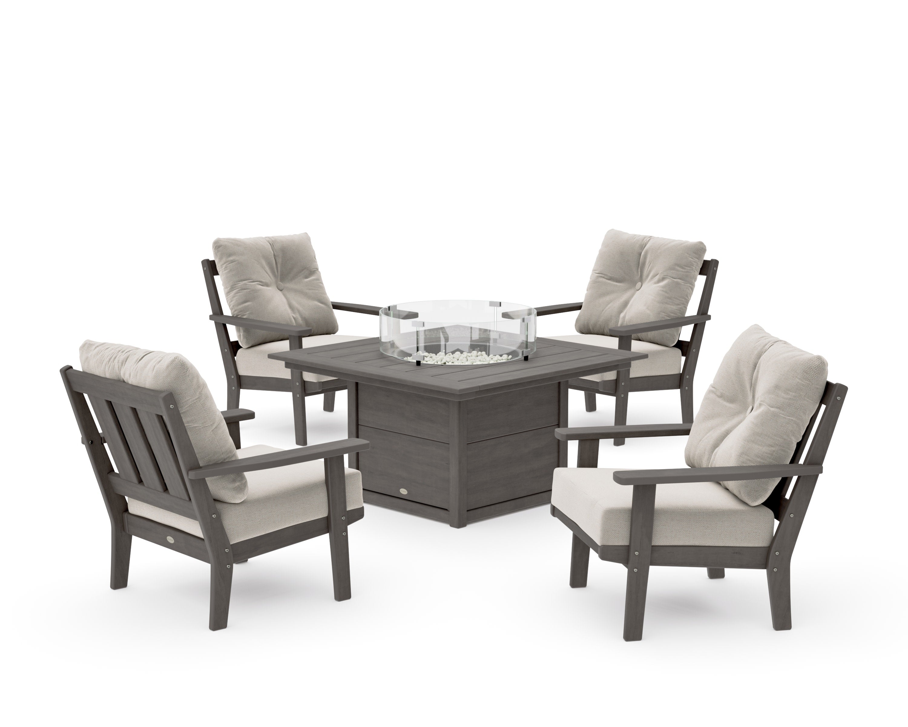 Oxford 5-Piece Deep Seating Set with Fire Pit Table in Driftwood / Dune Burlap