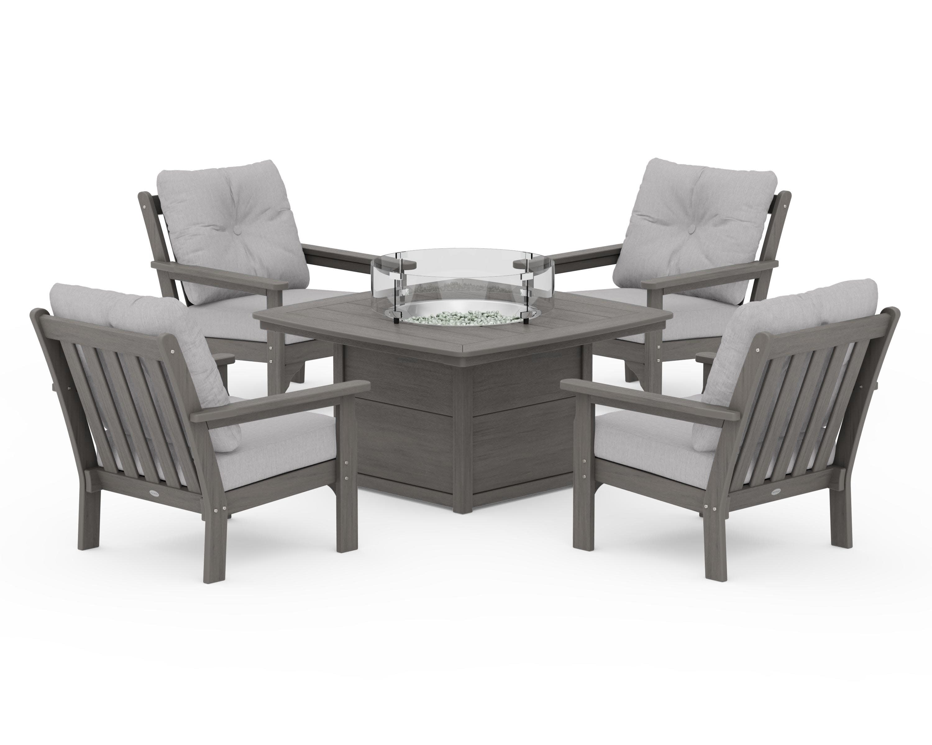 Vineyard 5-Piece Conversation Set with Fire Pit Table in Driftwood / Granite