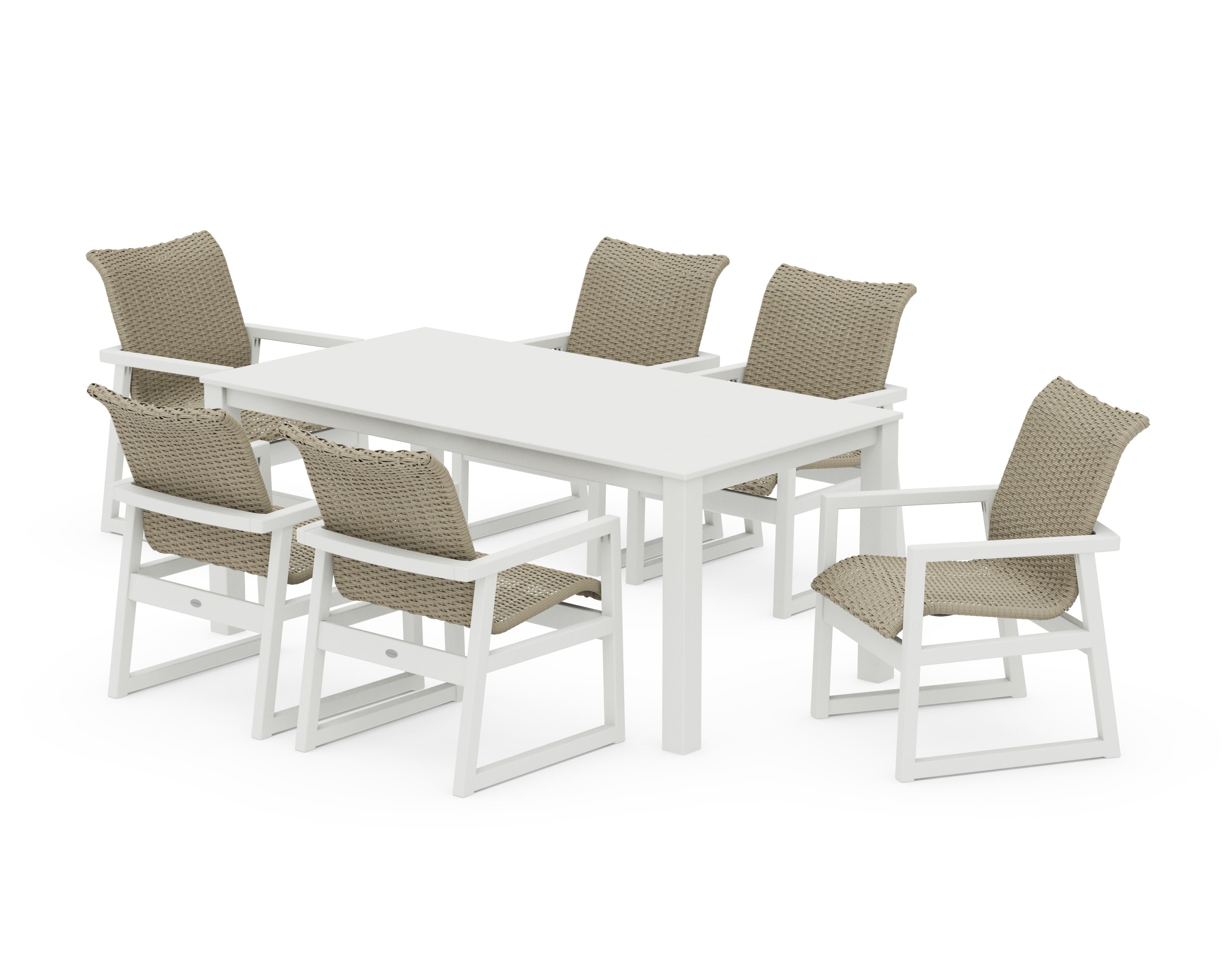 EDGE Woven Arm Chair 7-Piece Parsons Dining Set in Vintage White / Dune Grass