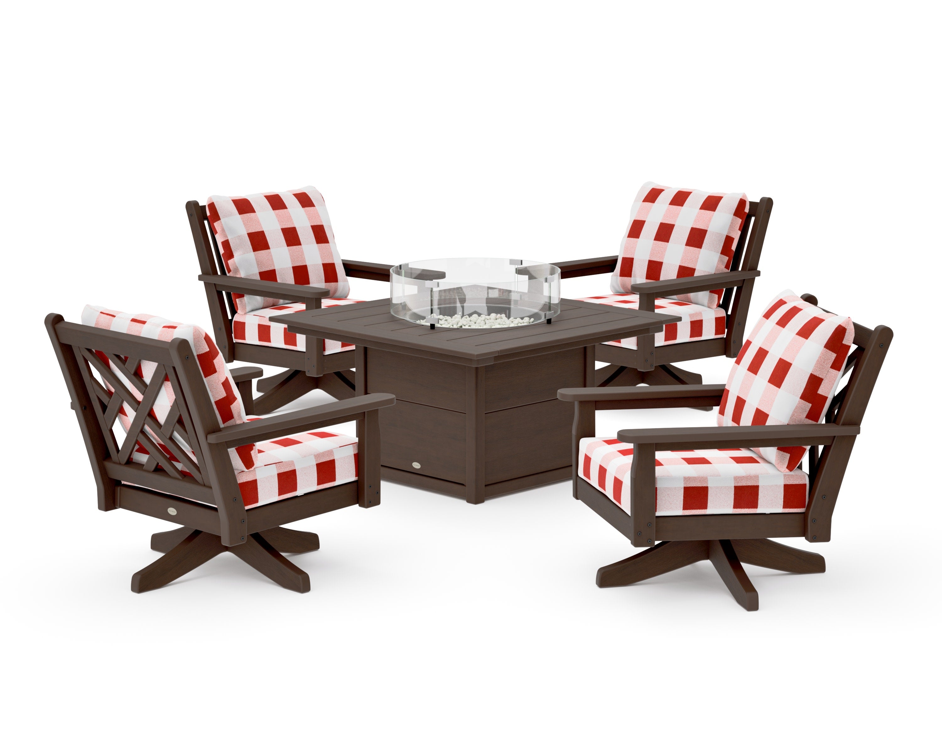 Chippendale 5-Piece Deep Seating Swivel Conversation Set with Fire Pit Table in Kona / Buffalo Plaid Crimson