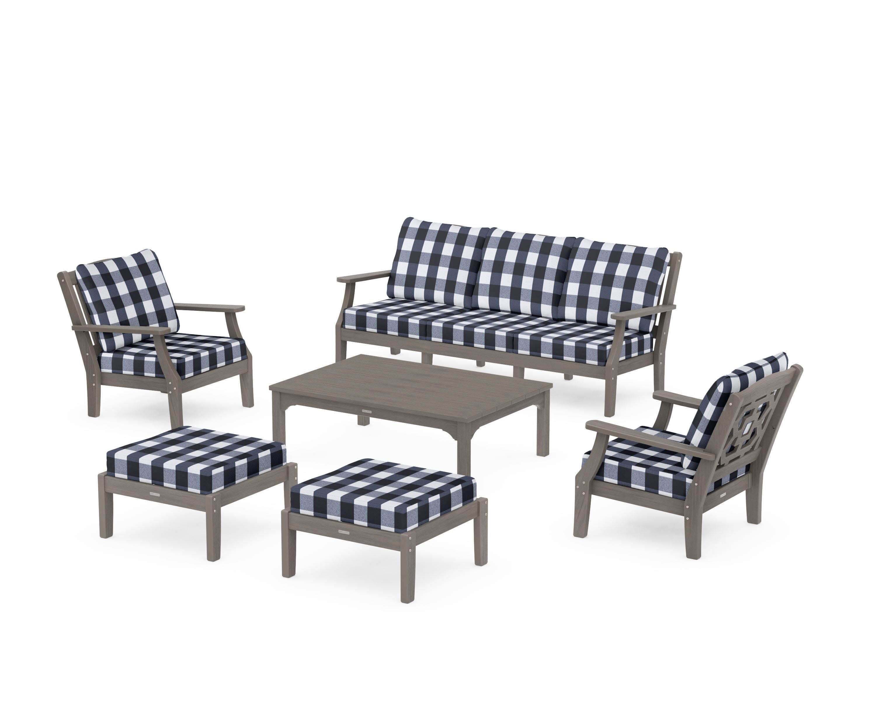 Chinoiserie 6-Piece Lounge Sofa Set in Driftwood / Buffalo Plaid Marine Indigo