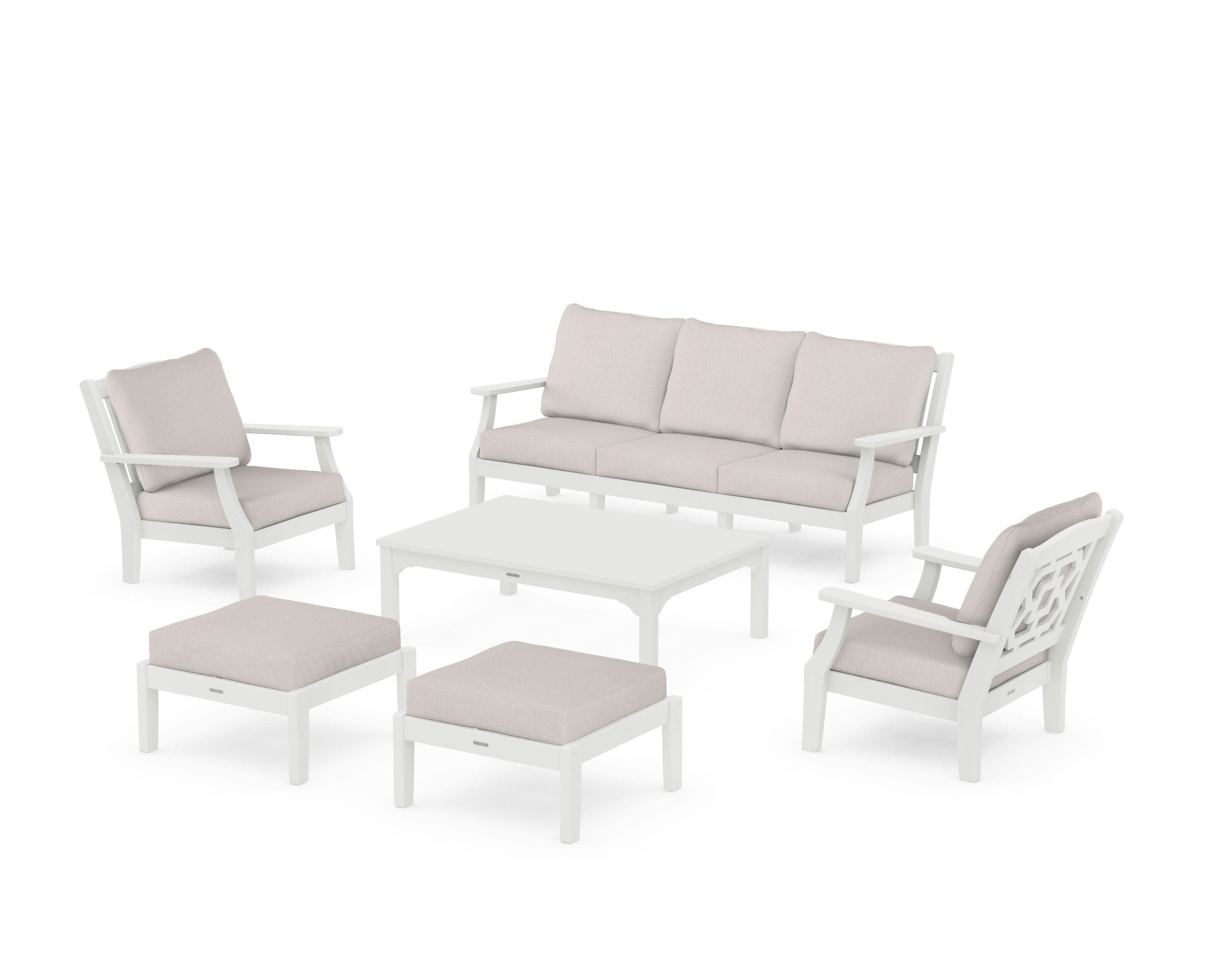 Chinoiserie 6-Piece Lounge Sofa Set in Vintage White / Dune Burlap