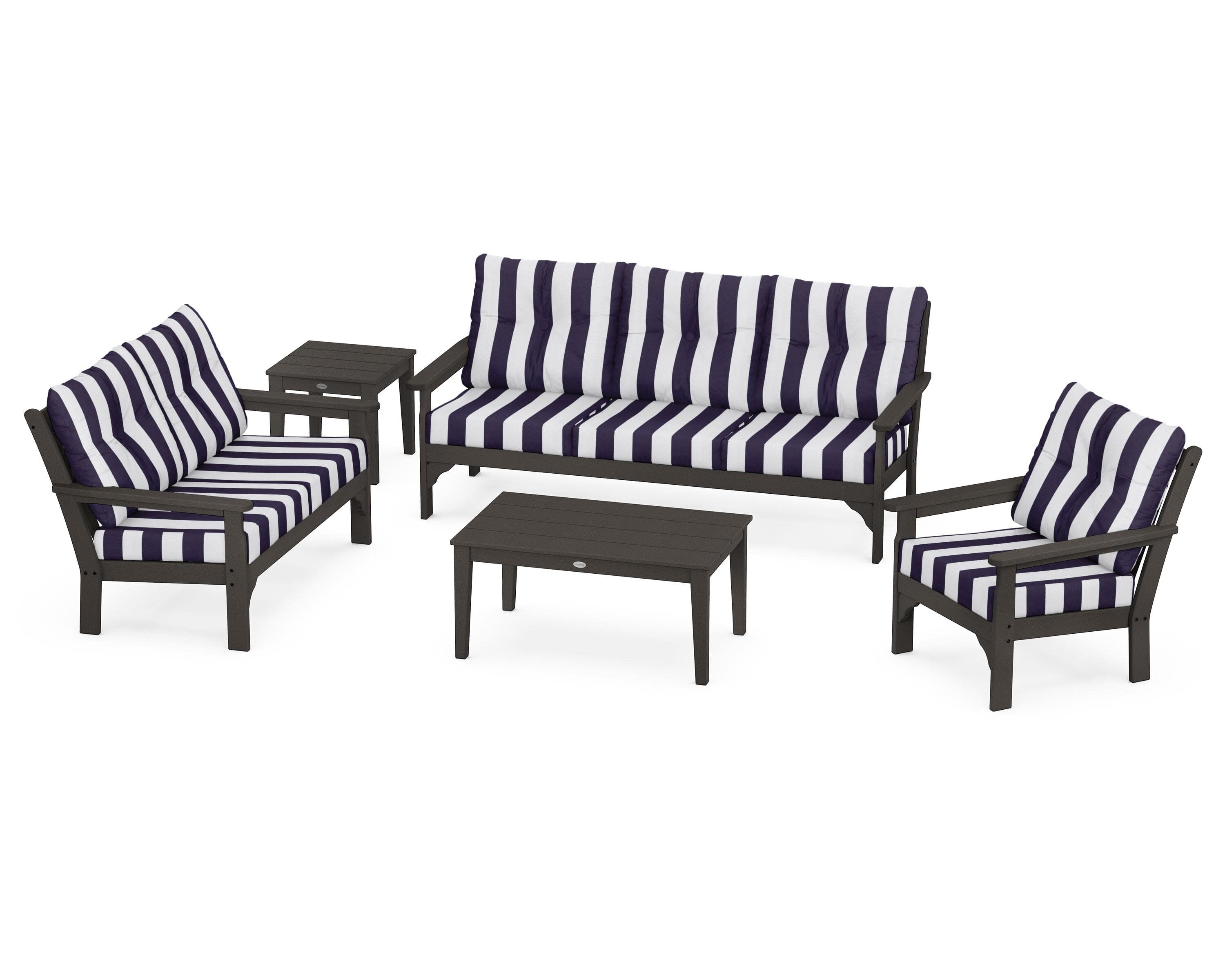 Vineyard 5 Piece Deep Seating Set in Vintage Coffee / Cabana Stripe Navy