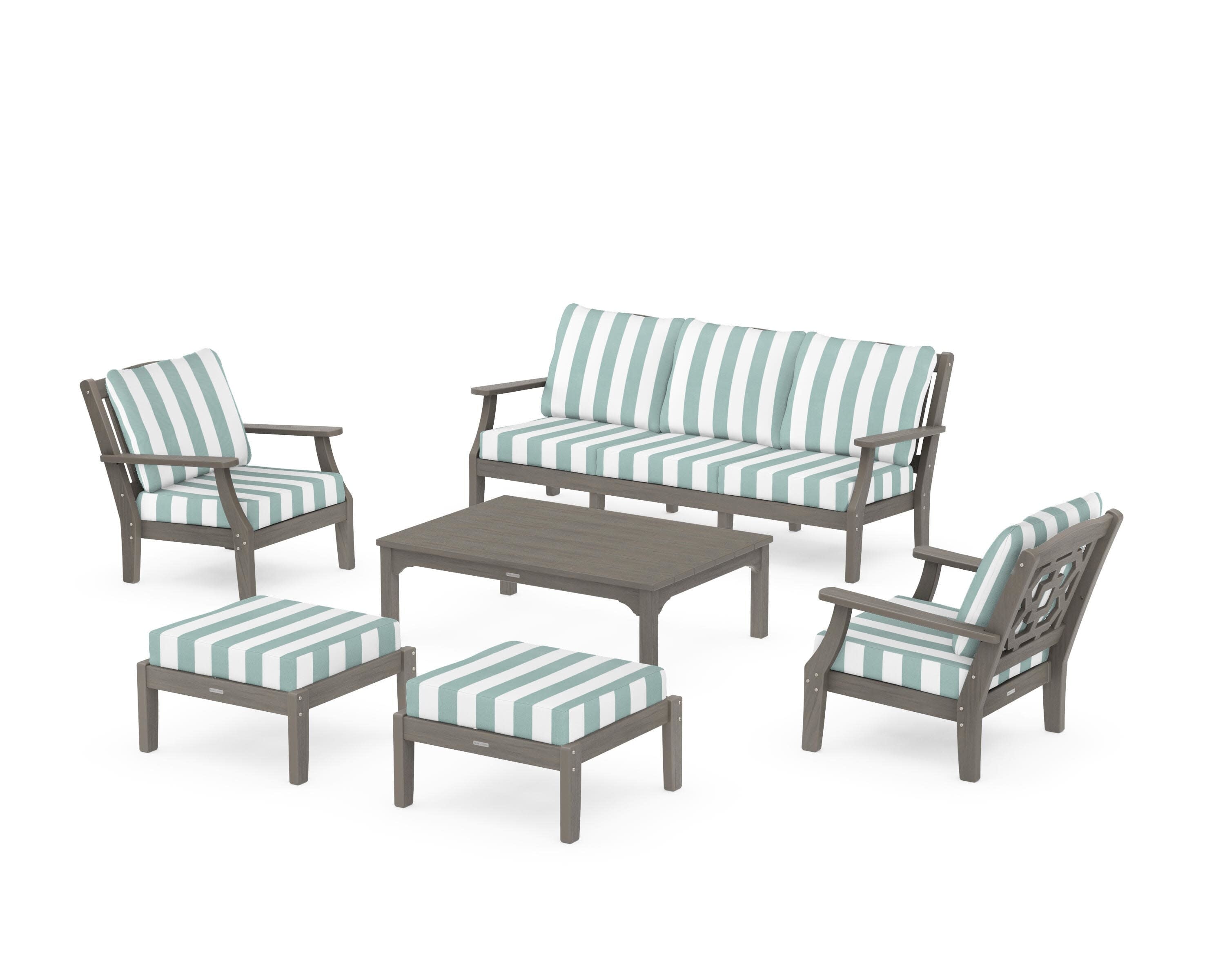 Chinoiserie 6-Piece Lounge Sofa Set in Driftwood / Cabana Stripe Glacier Spa