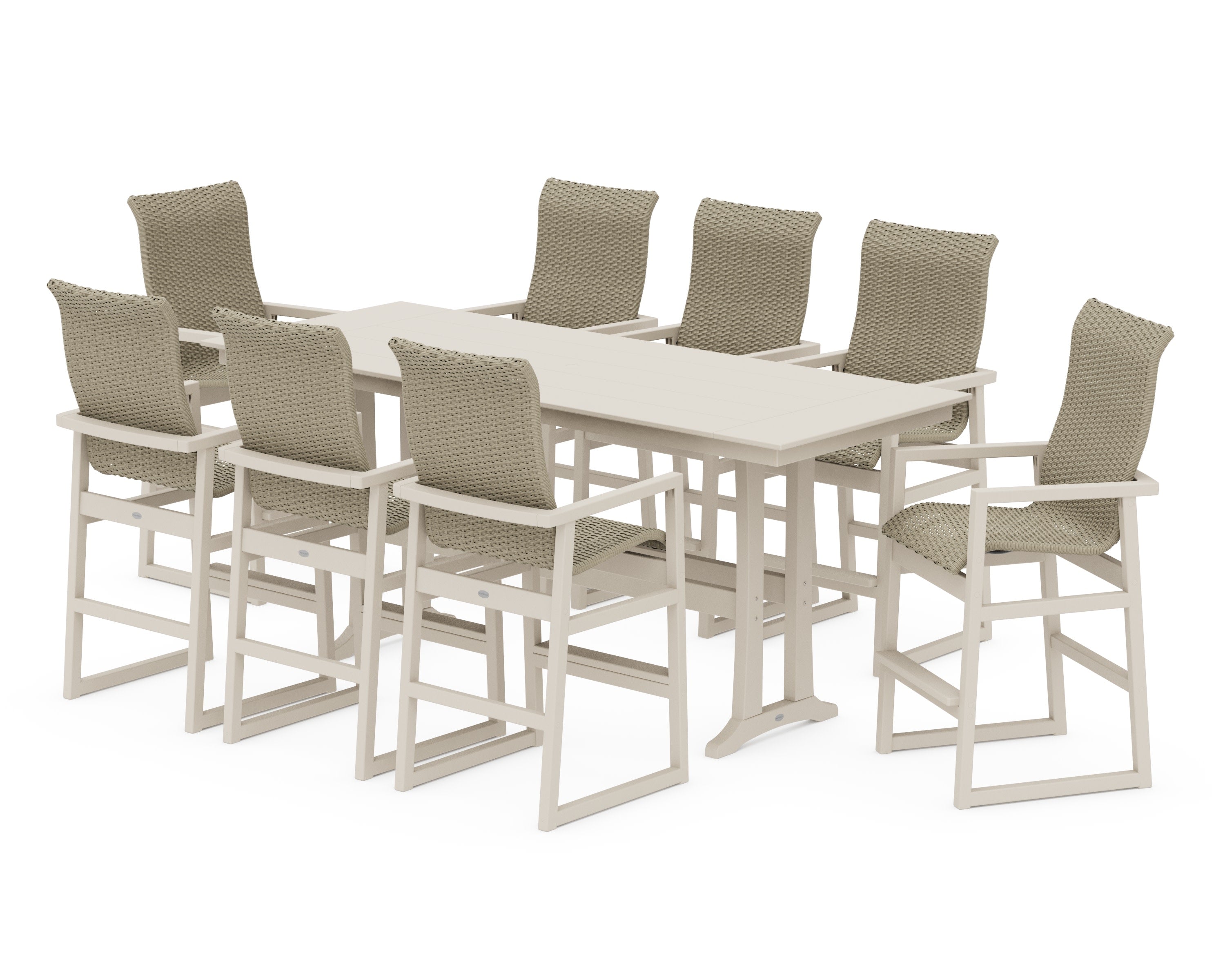 EDGE Woven Highback 9-Piece Farmhouse Bar Set with Trestle Legs in Sand / Dune Grass