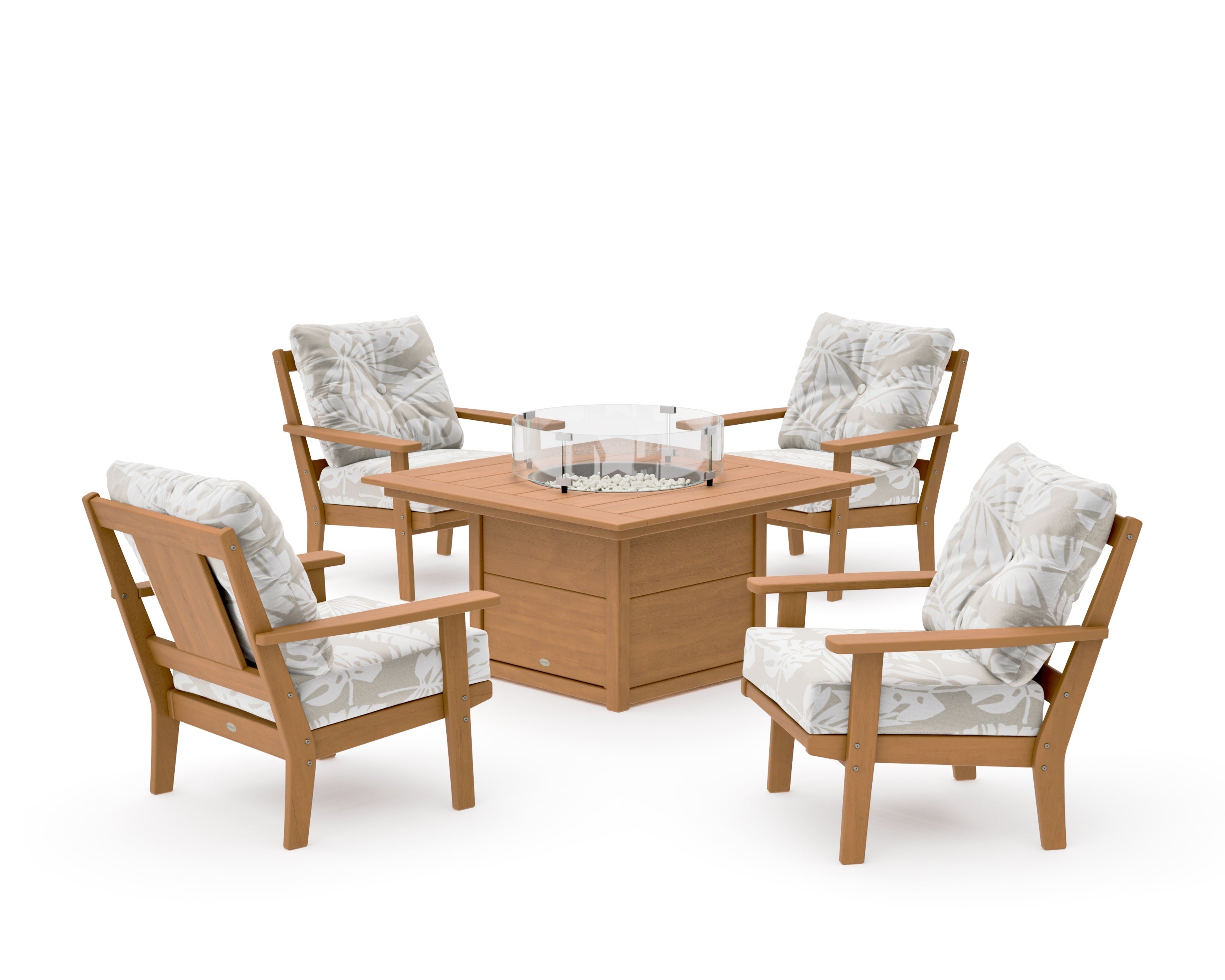 Prairie 5-Piece Deep Seating Set with Fire Pit Table in Natural / Leaf Dune Burlap