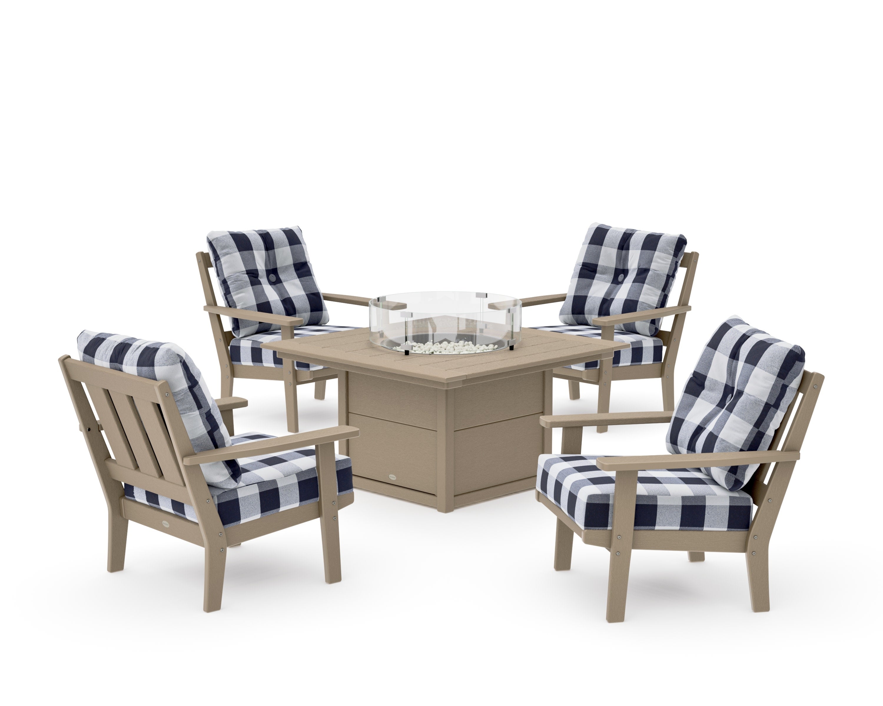 Oxford 5-Piece Deep Seating Set with Fire Pit Table in Vintage Sahara / Buffalo Plaid Navy