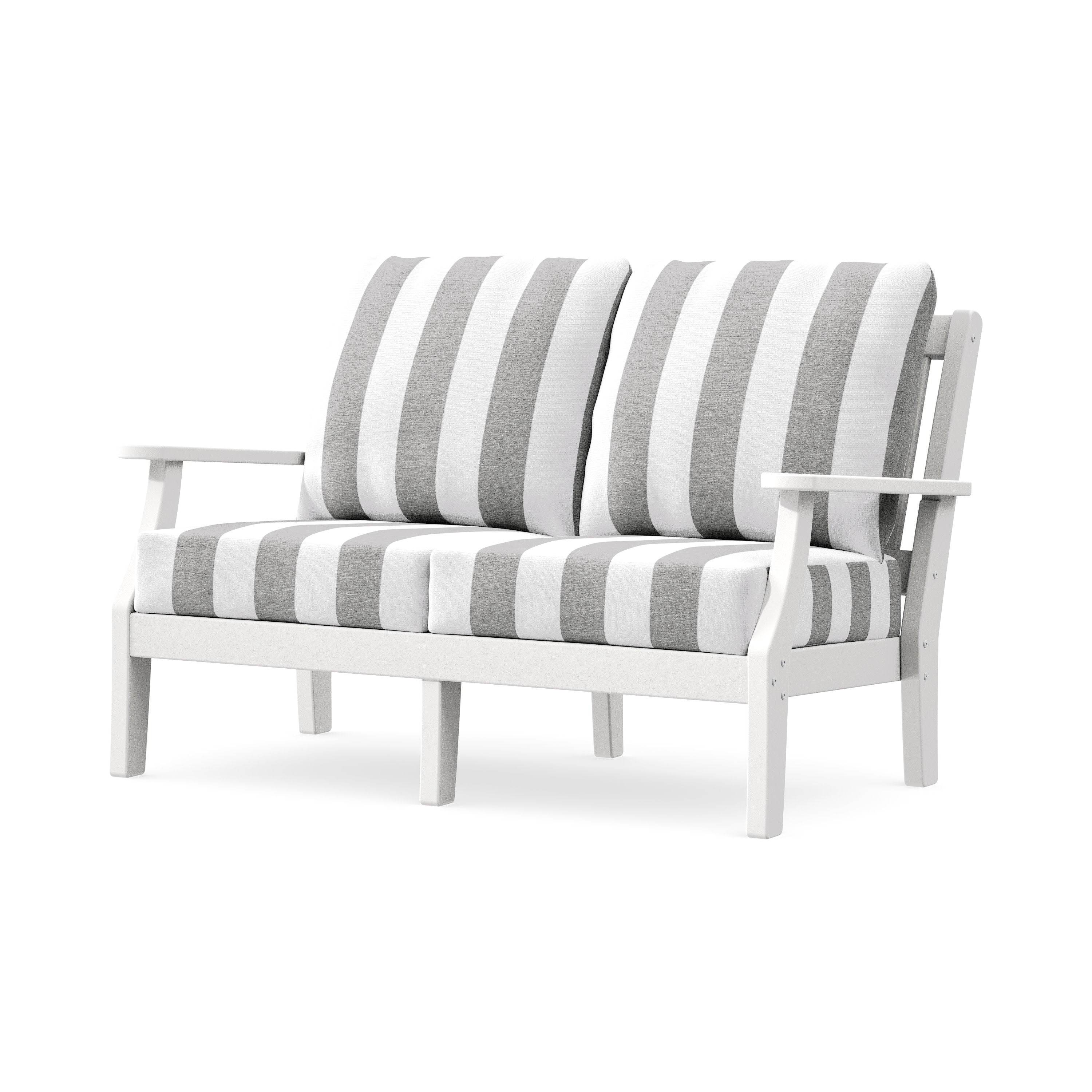 Chinoiserie Deep Seating Loveseat in White / Cabana Stripe Grey Mist