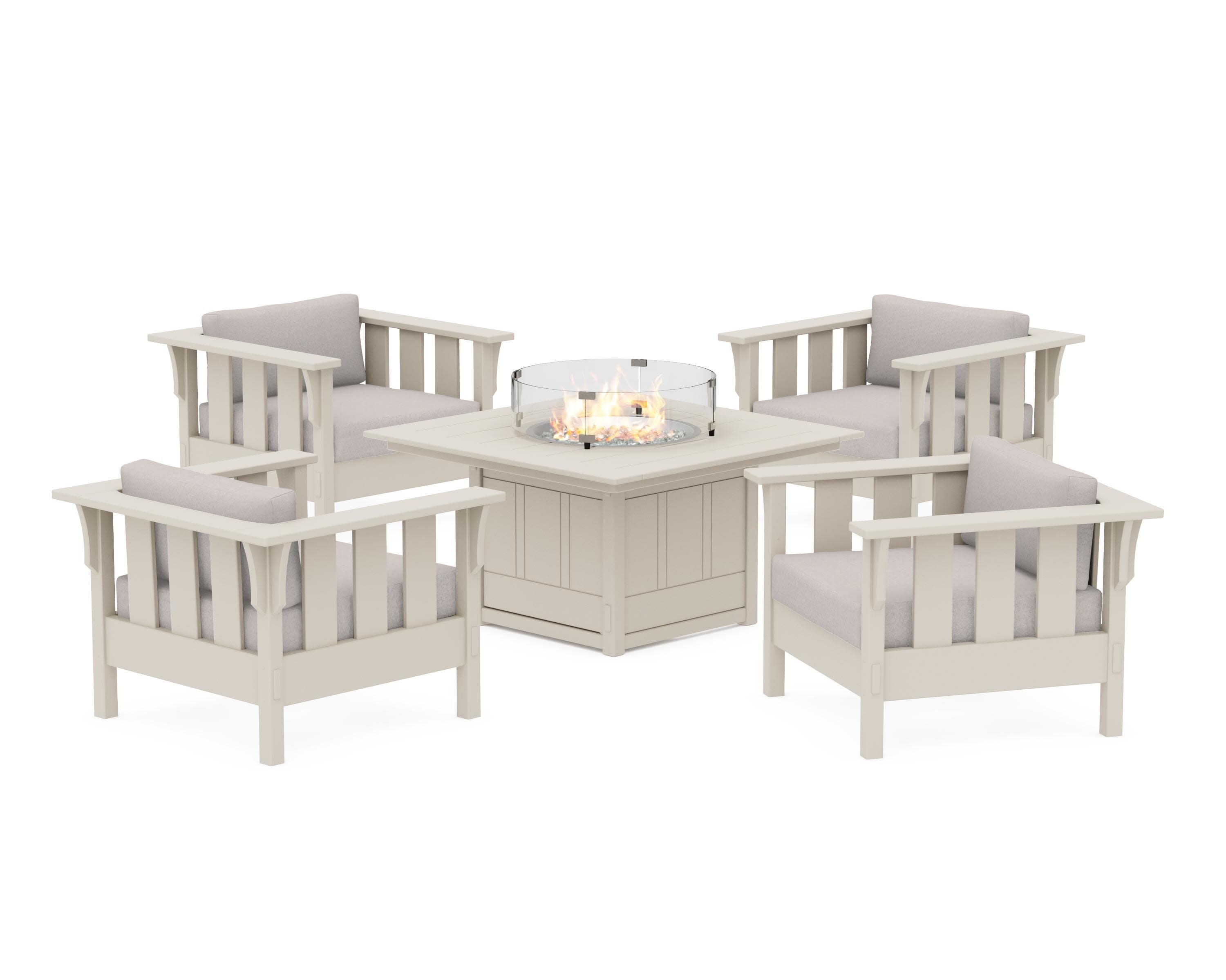 Acadia 5-Piece Deep Seating Set with Fire Pit Table in Sand / Dune Burlap