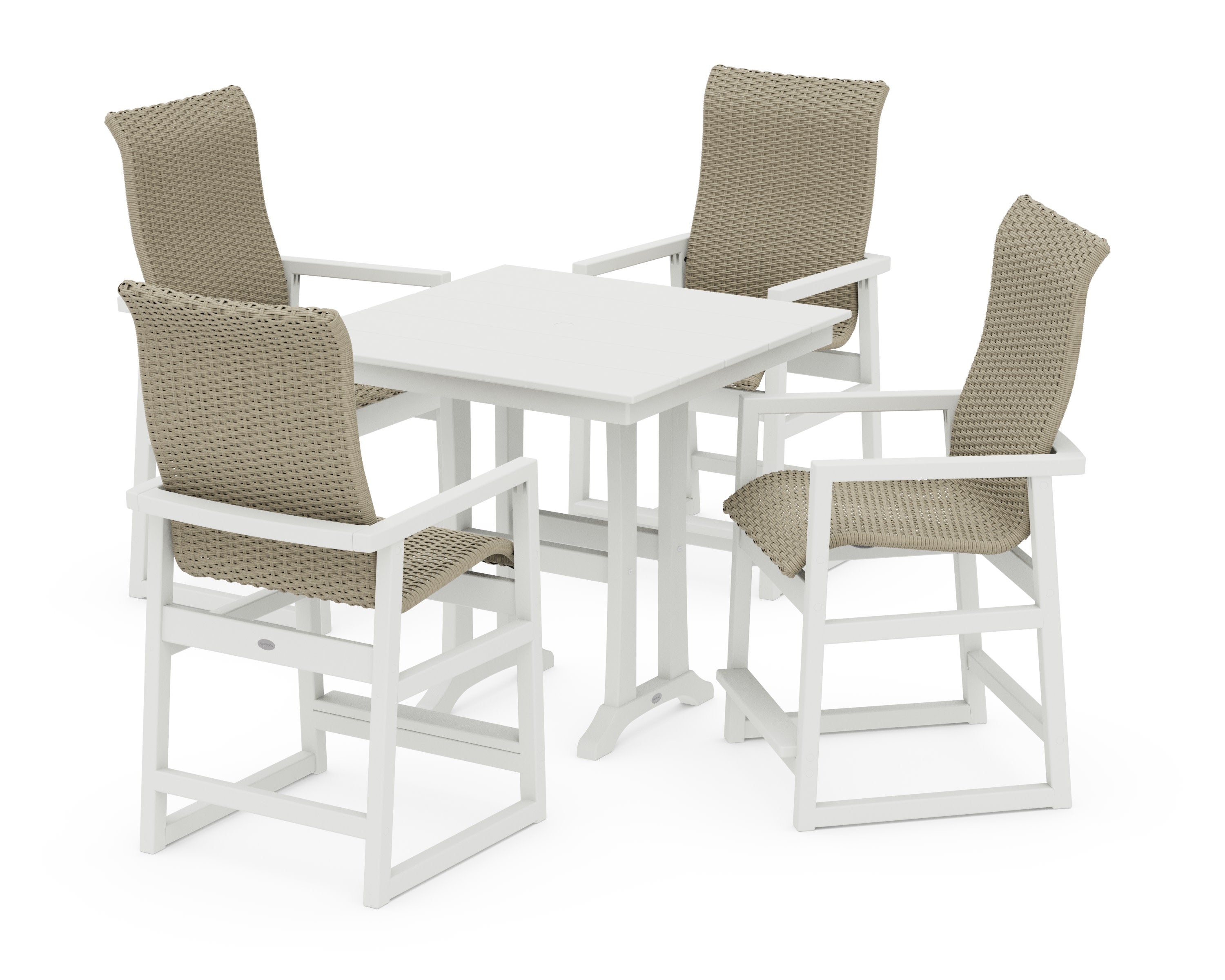 EDGE Woven Highback 5-Piece Farmhouse Counter Set with Trestle Legs in White / Dune Grass