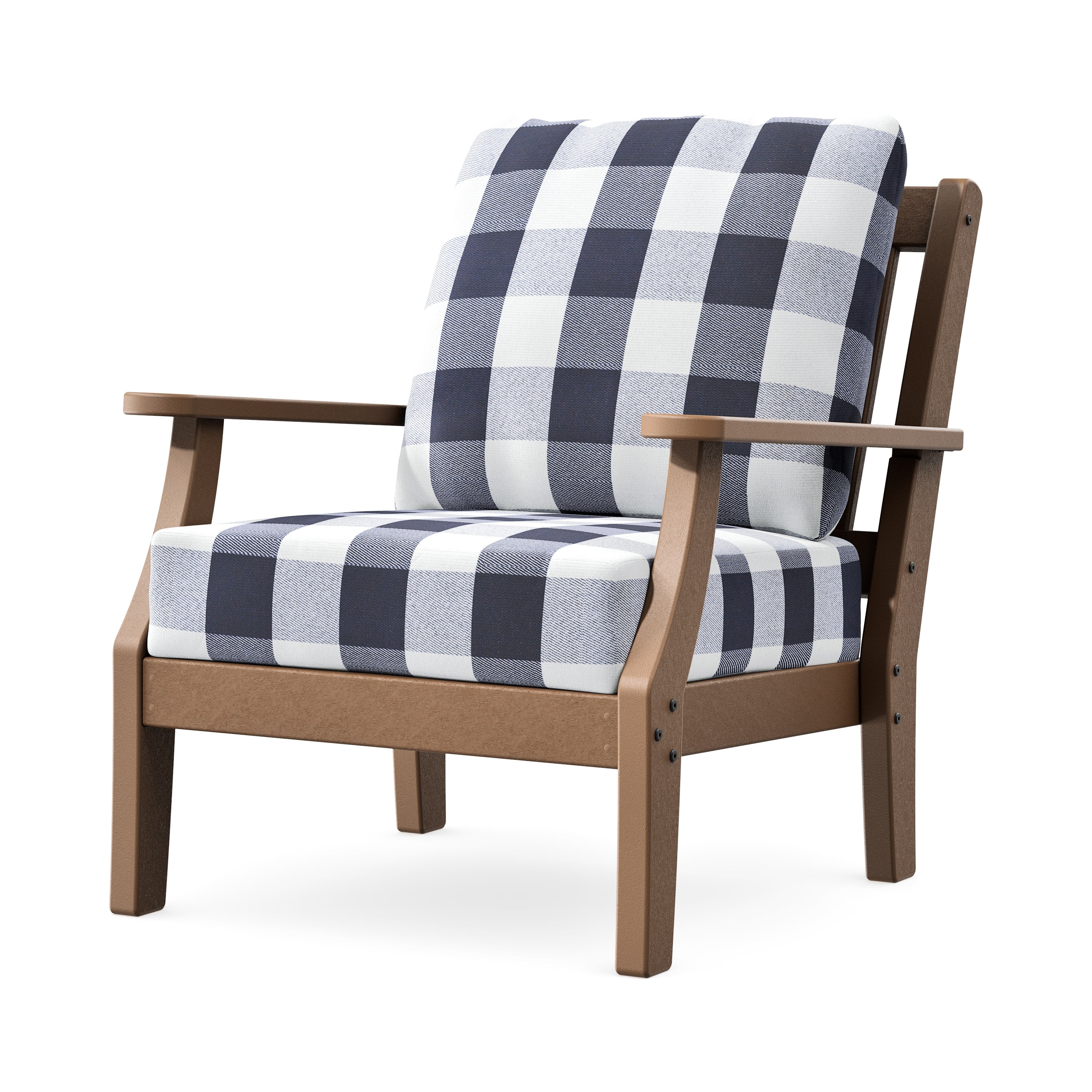 Chinoiserie Deep Seating Chair in Teak / Buffalo Plaid Navy