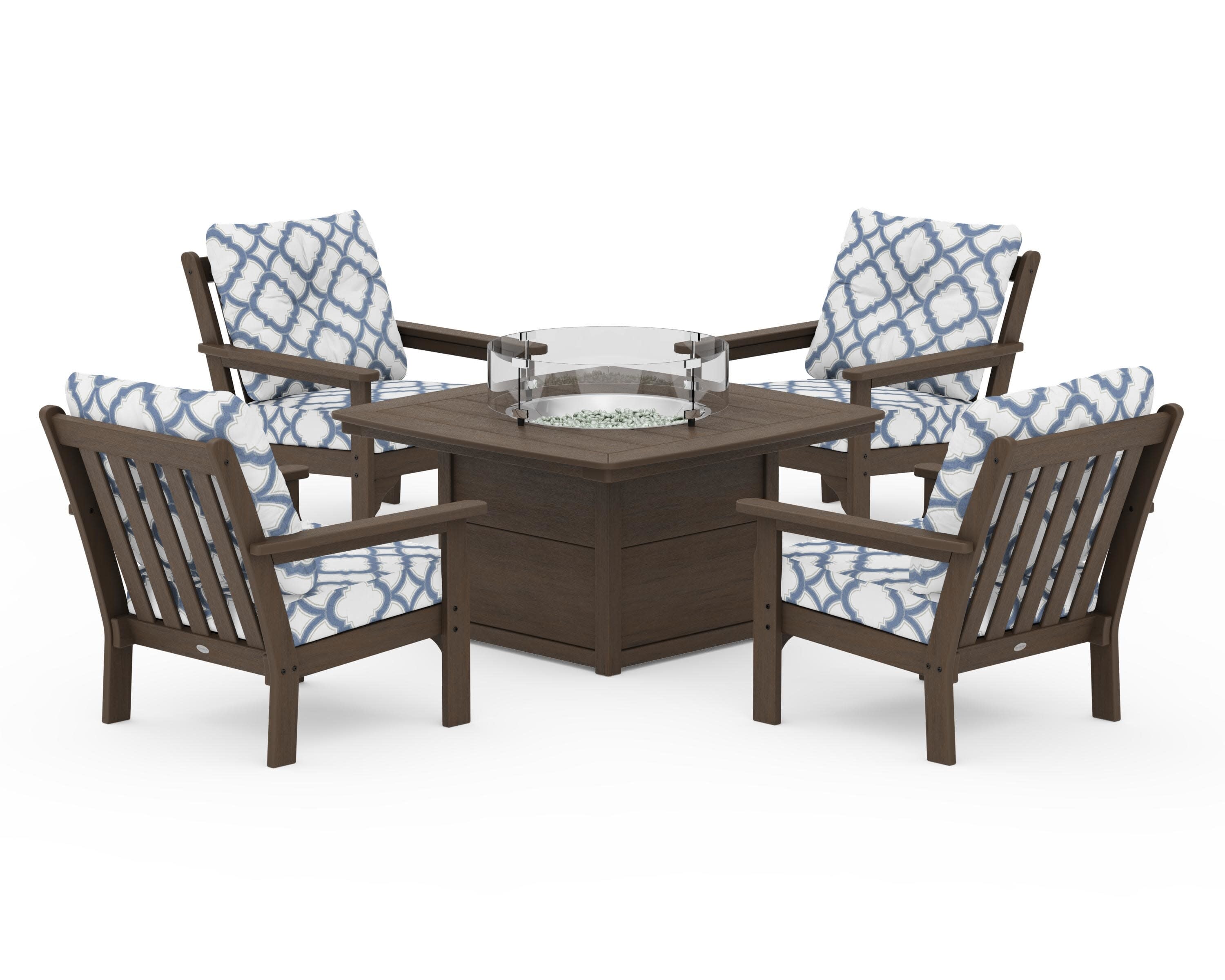 Vineyard 5-Piece Conversation Set with Fire Pit Table in Kona / Trellis Sky Blue