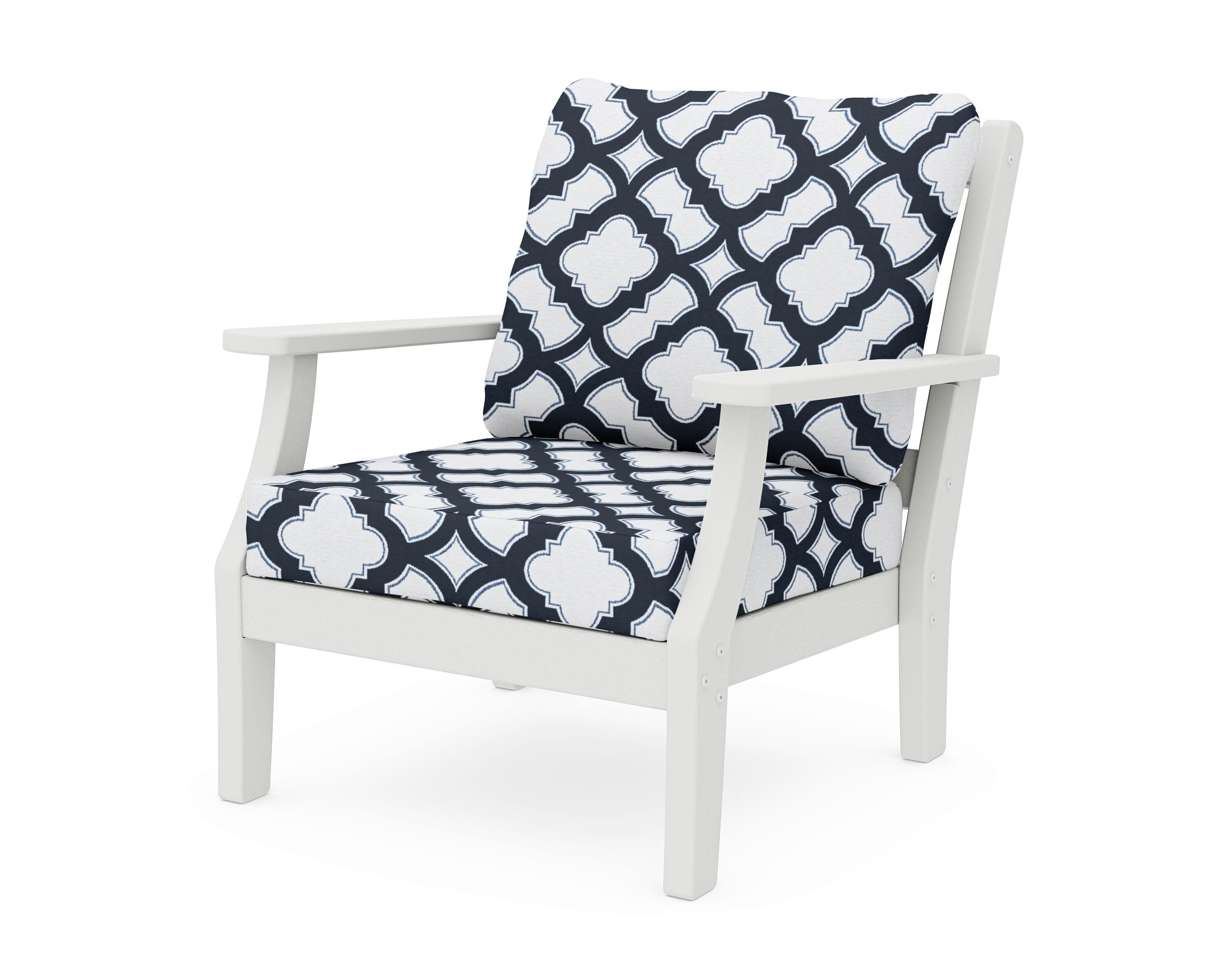 Chinoiserie Deep Seating Chair in Vintage White / Trellis Marine Indigo