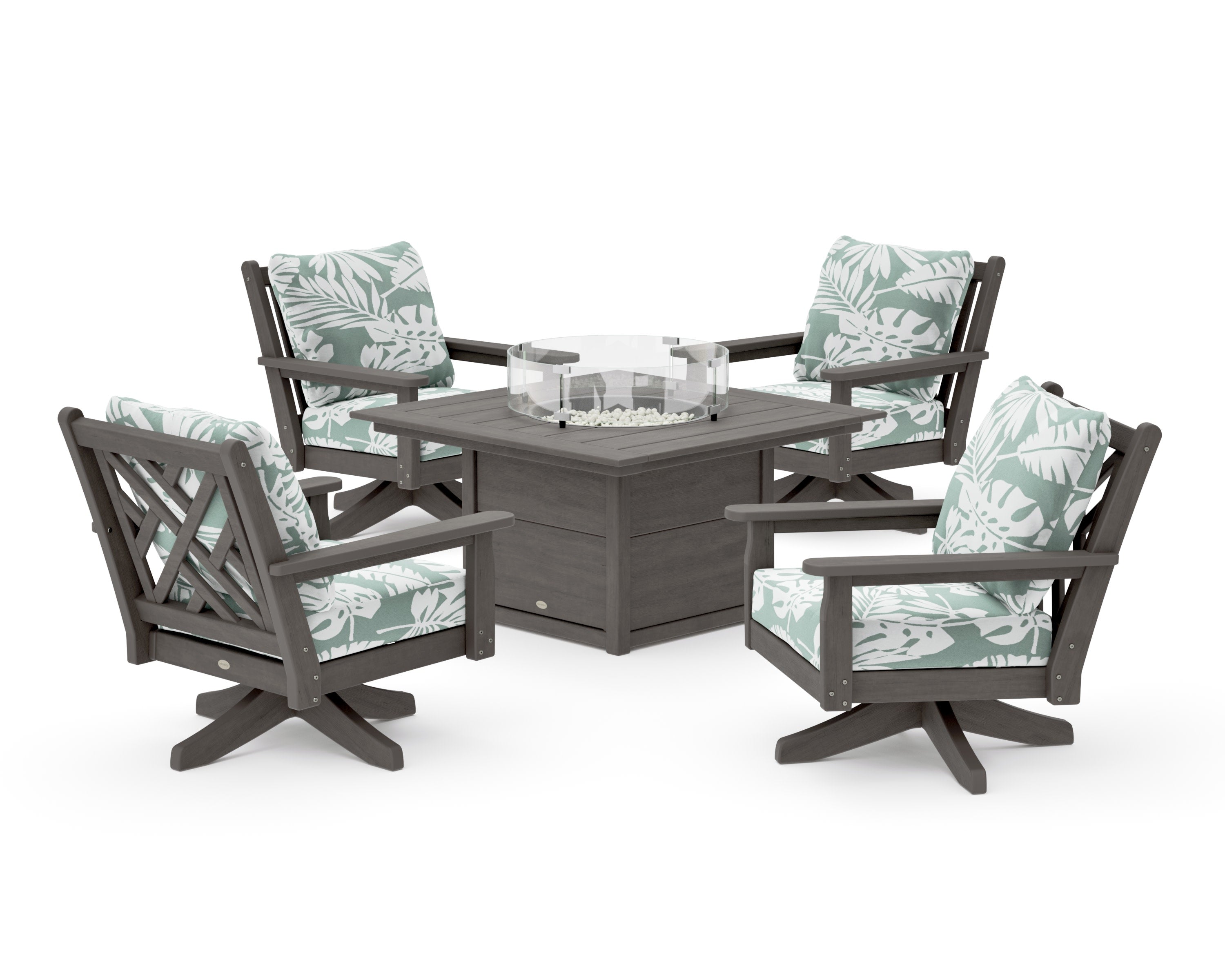 Chippendale 5-Piece Deep Seating Swivel Conversation Set with Fire Pit Table in Driftwood / Leaf Glacier Spa