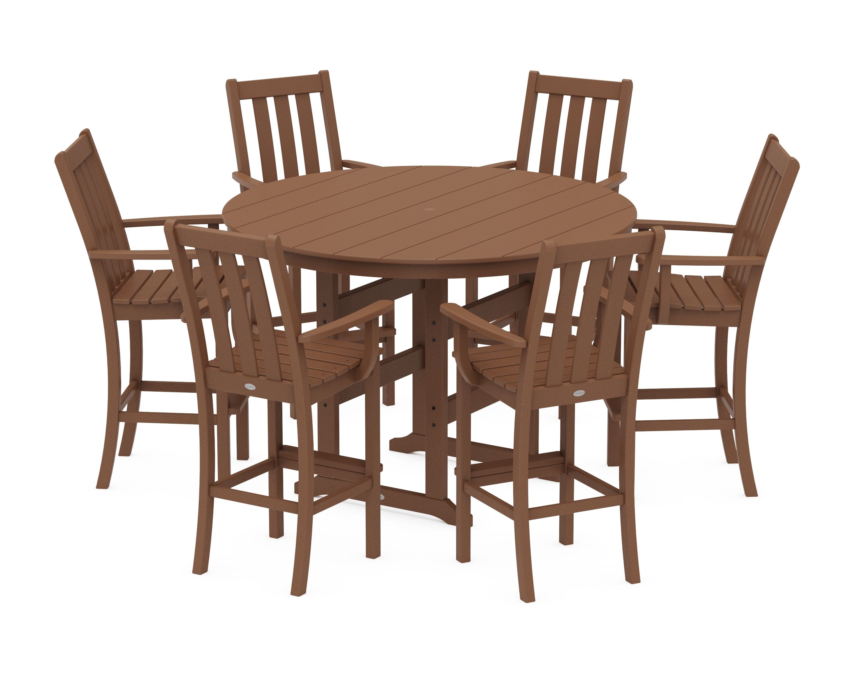 Vineyard 7-Piece Arm Chair Round Farmhouse Bar Set in Teak