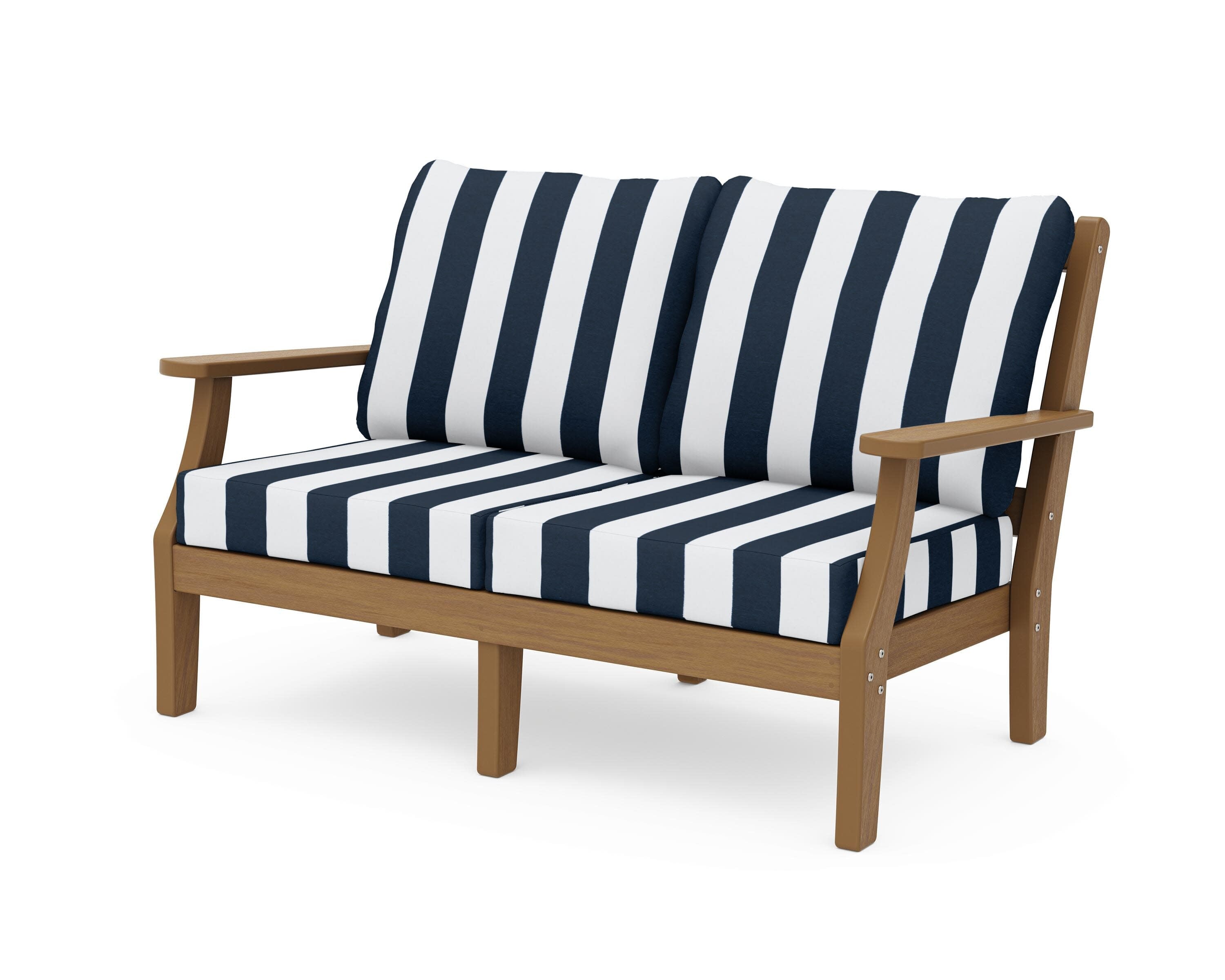 Chinoiserie Deep Seating Loveseat in Natural / Cabana Stripe Marine Indigo